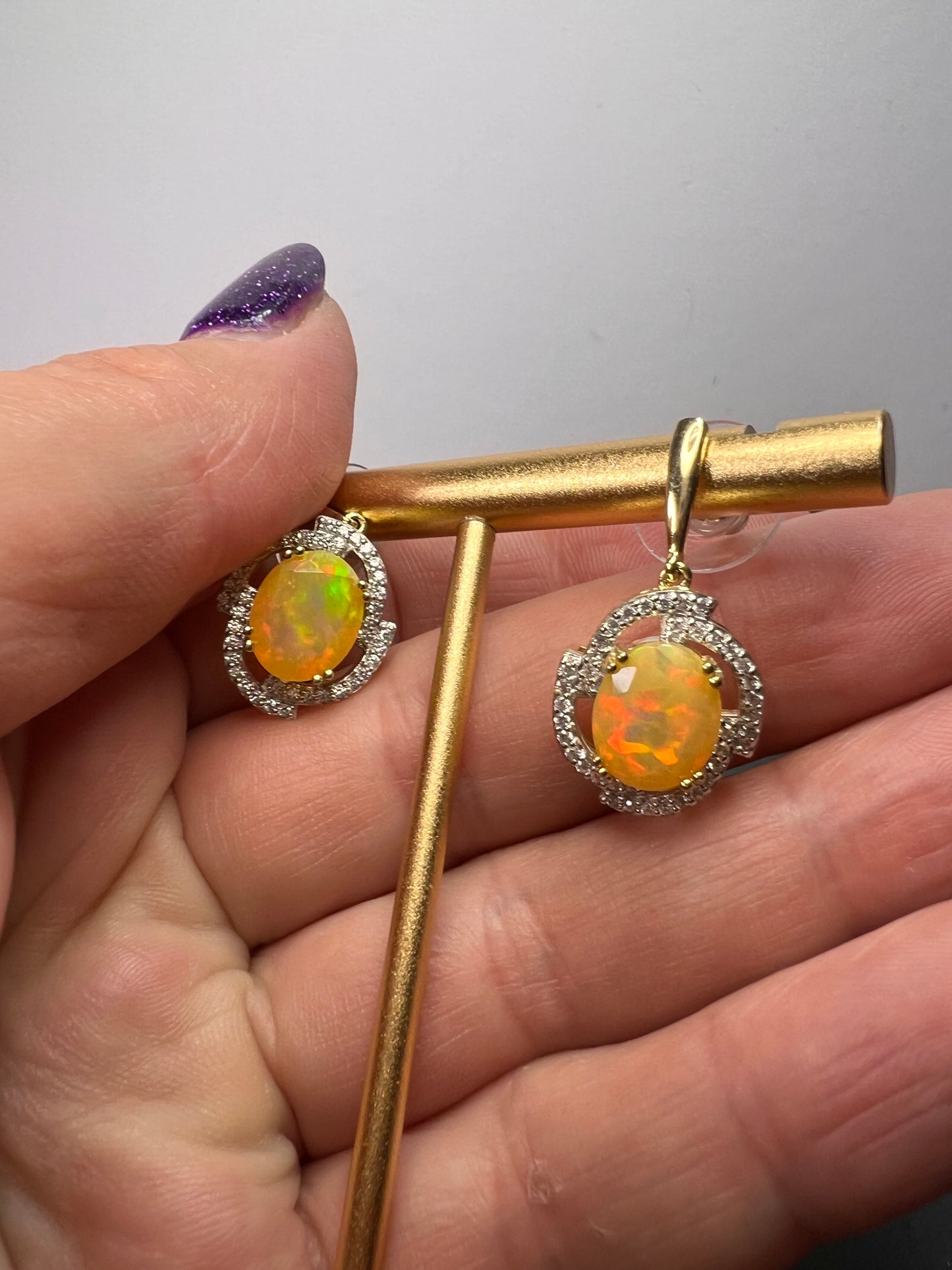 10k gold Ethiopian opal and white zircon earrings