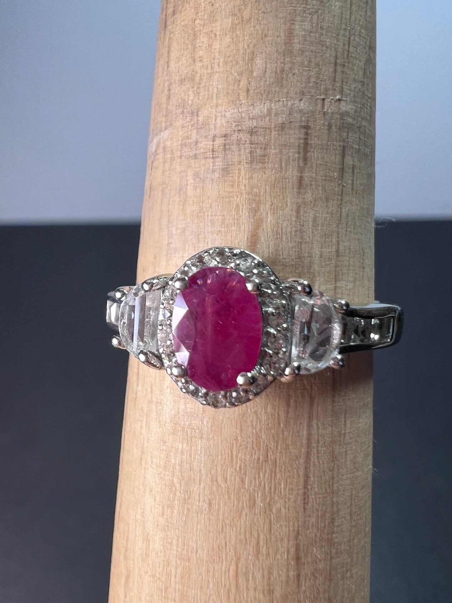 Ruby and white topaz sterling halo ring size 9