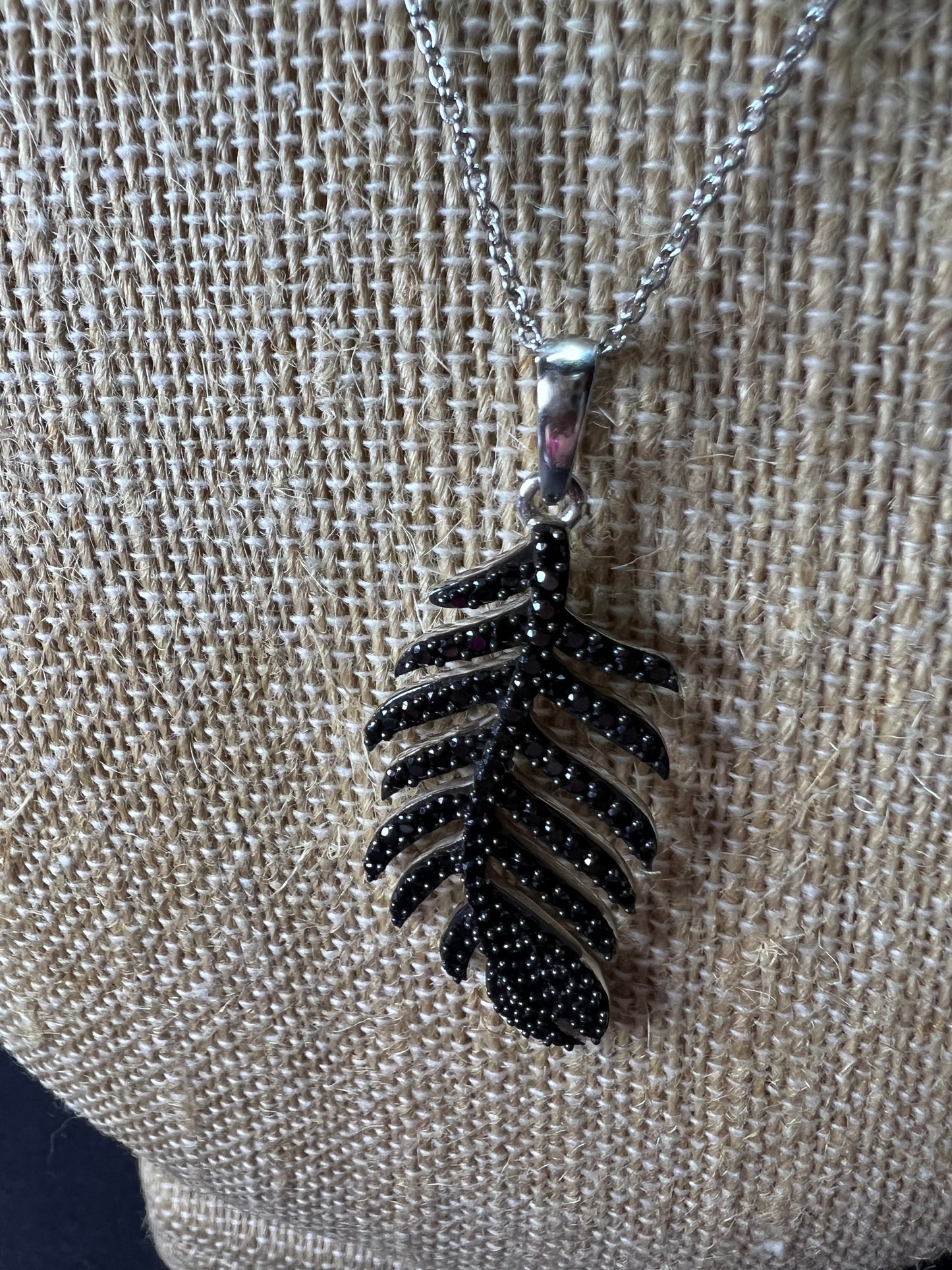 Black Spinel Sterling Silver Feather Pendant With 18 inch Chain