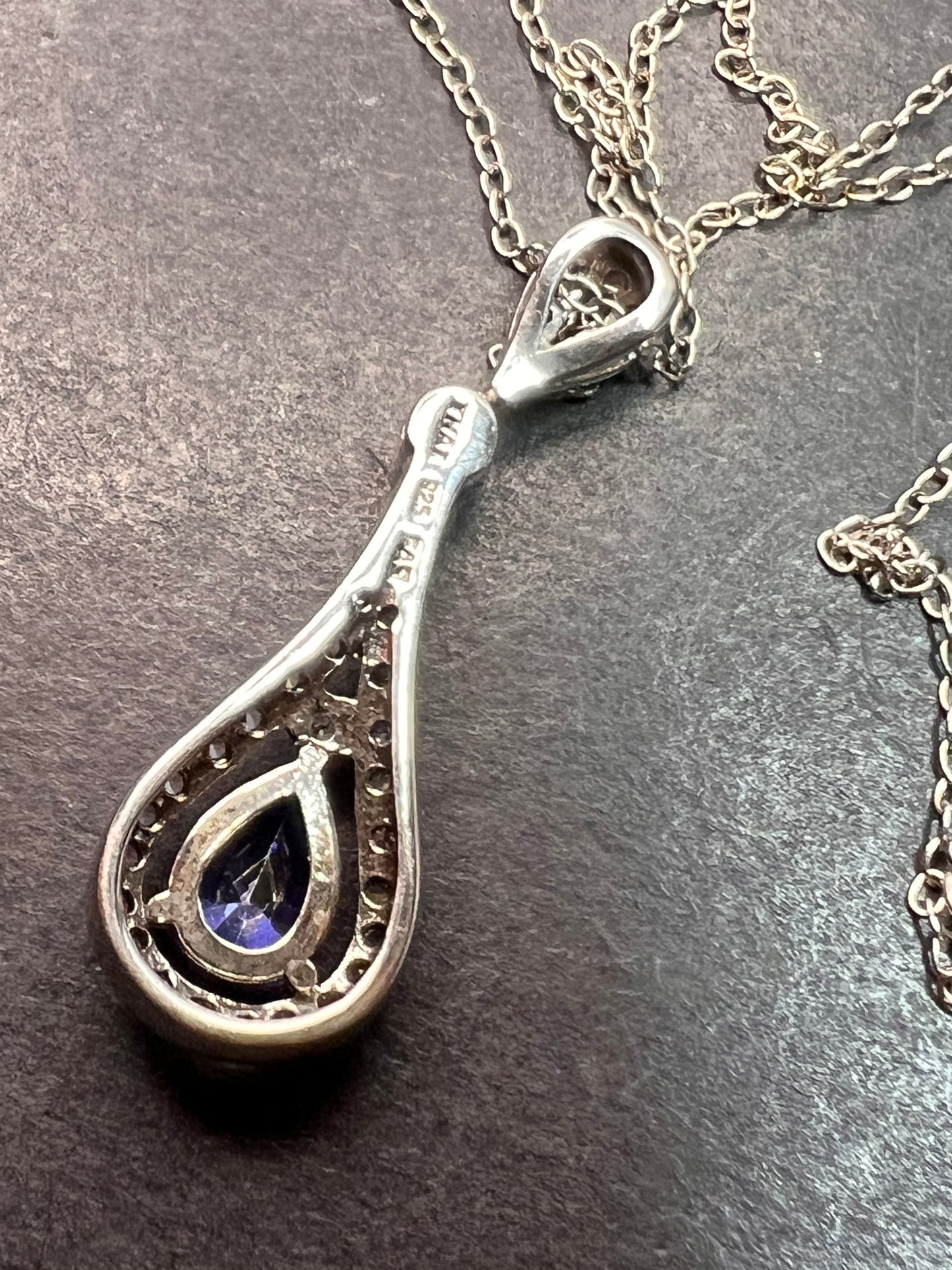 Tanzanite colored CZ teardrop pendant and chain necklace