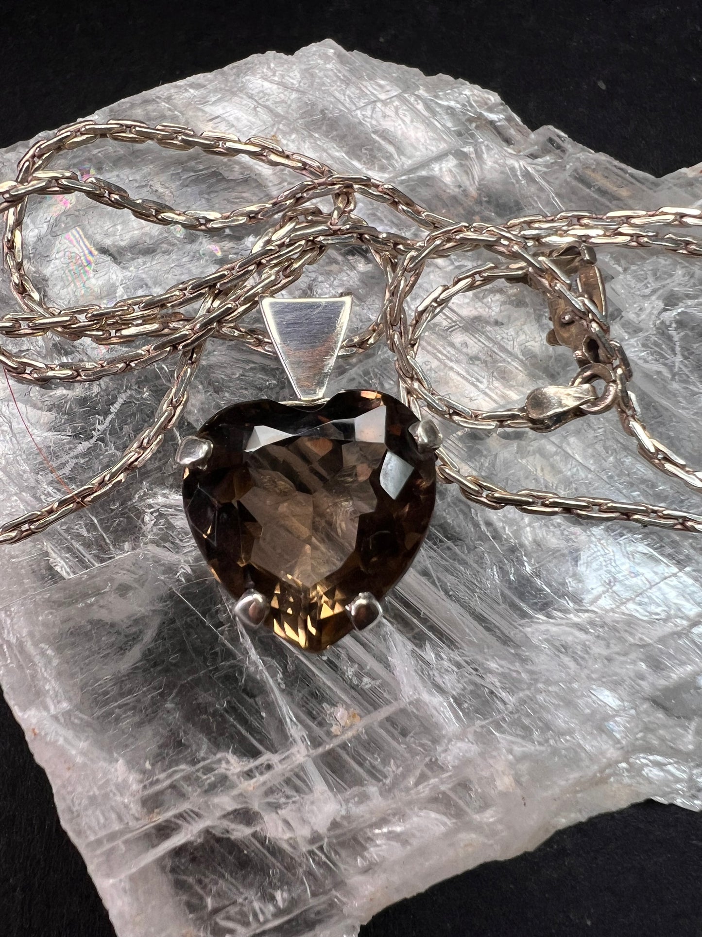 Vintage Smoky Quartz Heart Pendant Necklace Sterling Silver 20”
