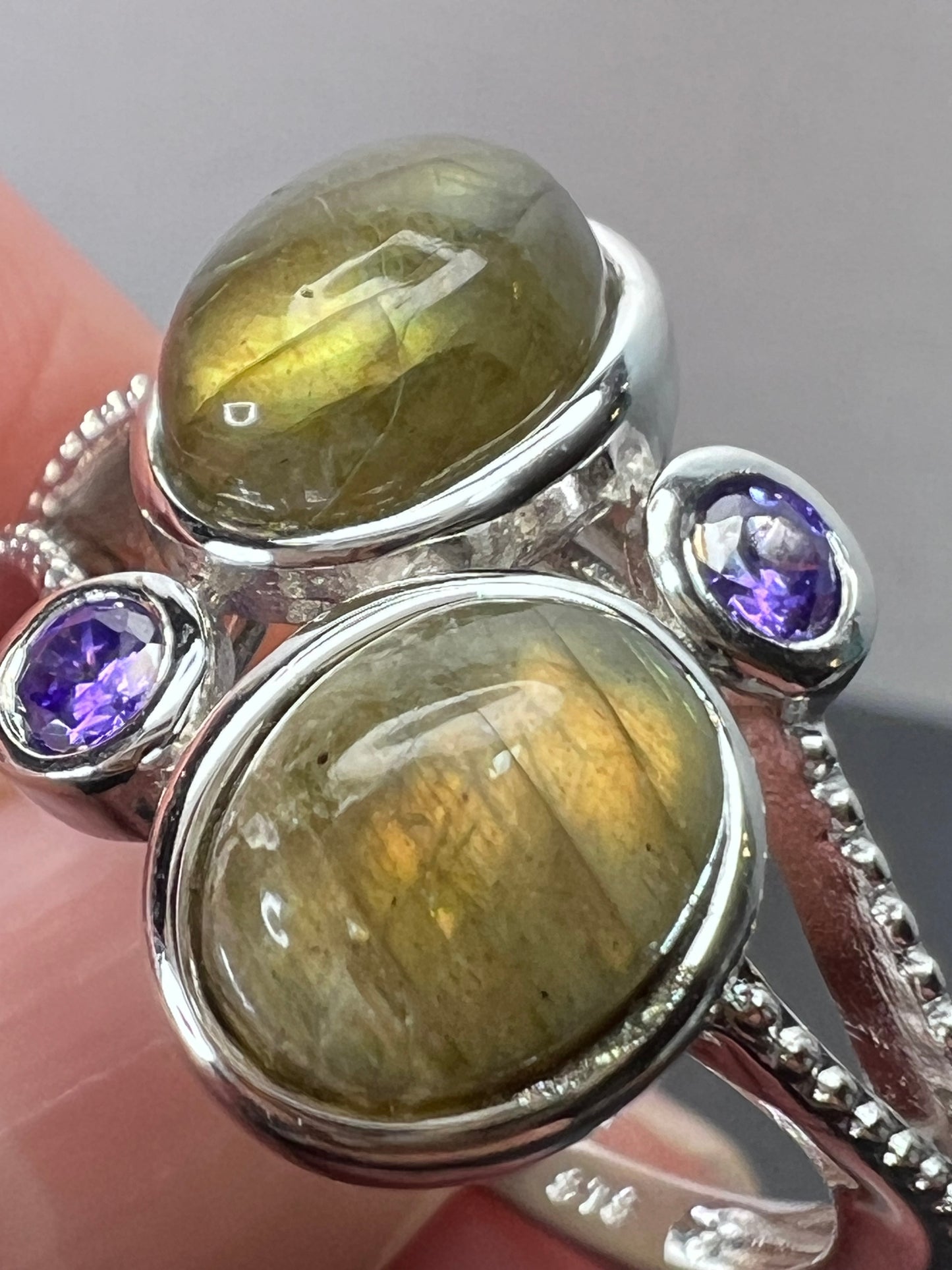 Labradorite and purple CZ sterling silver ring size 9