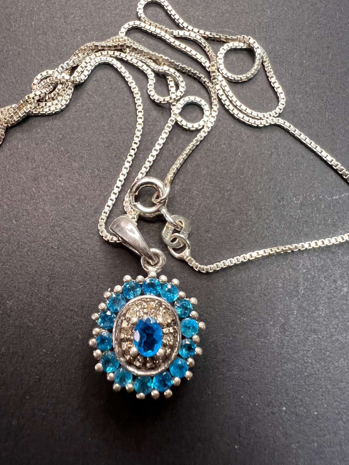 Vintage 925 Sterling Silver Blue Apatite & Diamond Halo Pendant Necklace
