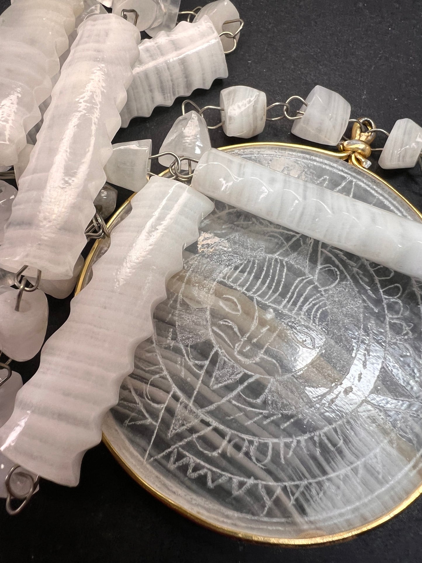 Vintage white onyx Aztec sundial 24 inch pendant necklace