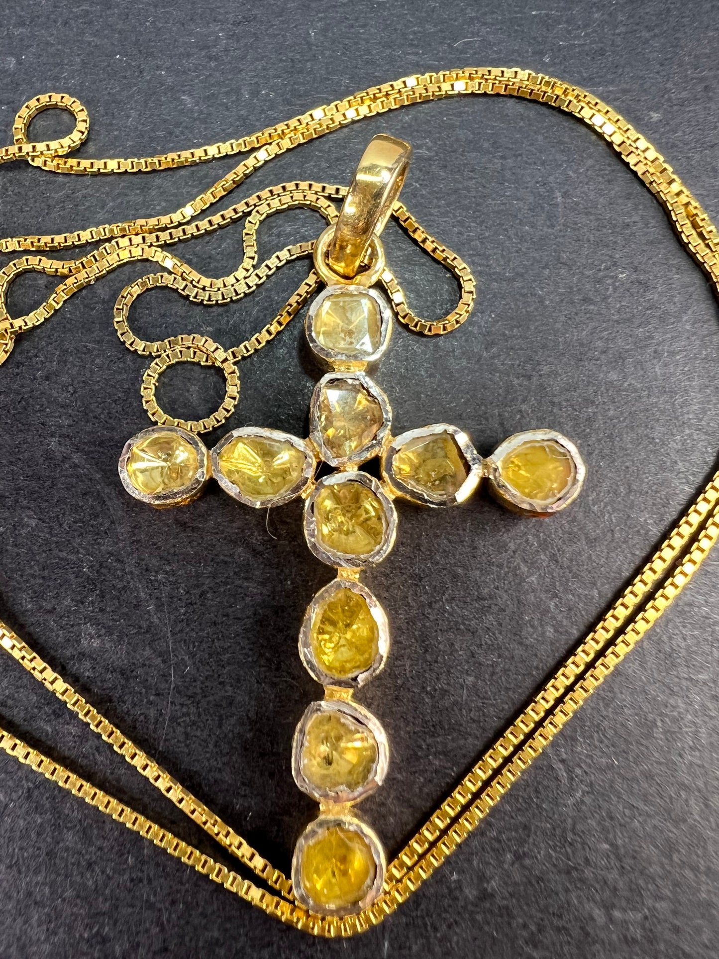 Yellow polki diamond cross pendant and chain in gold over sterling silver