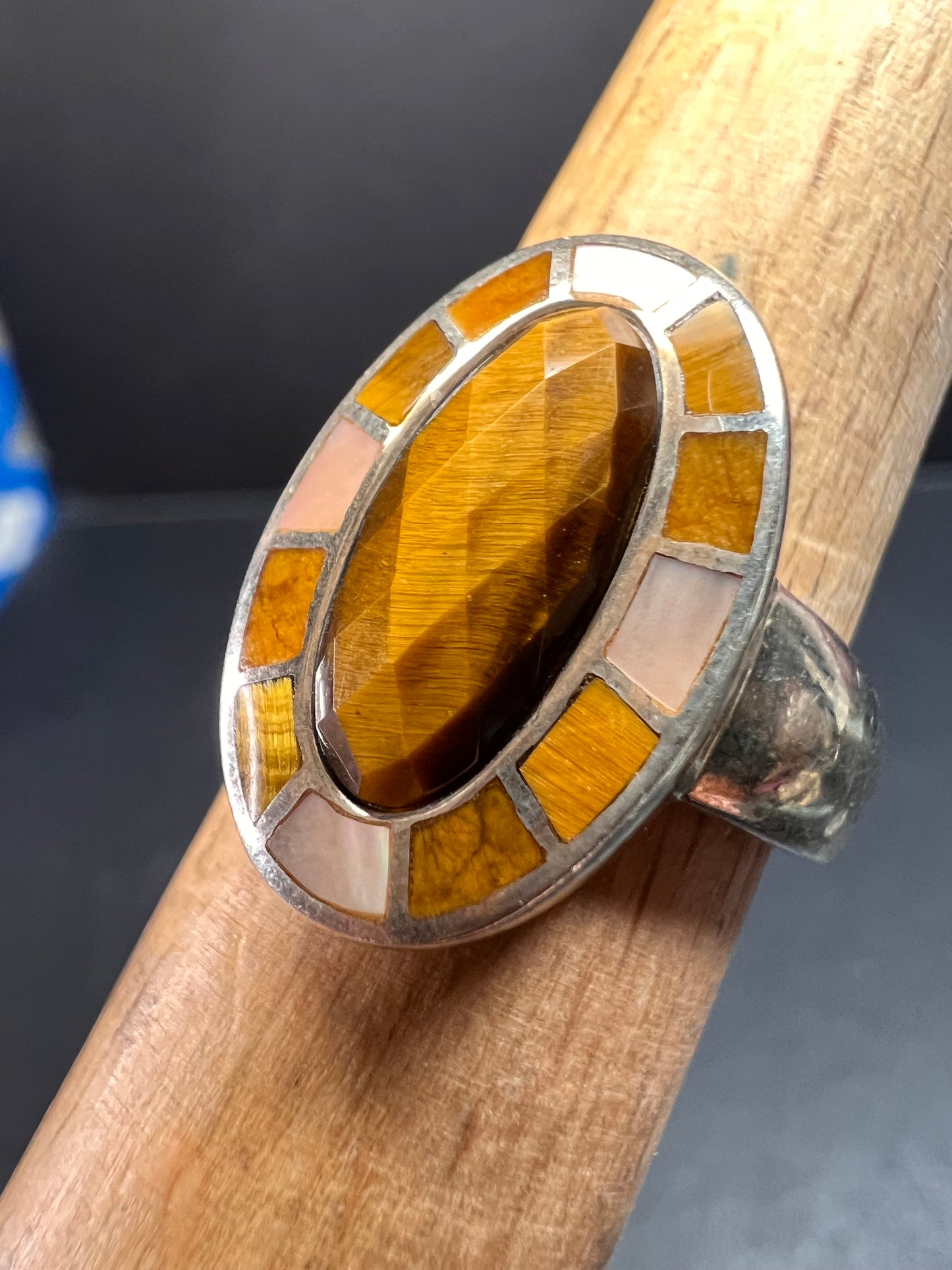 Whitney Kelly tigers eye and mother of pearl sterling silver ring size 7