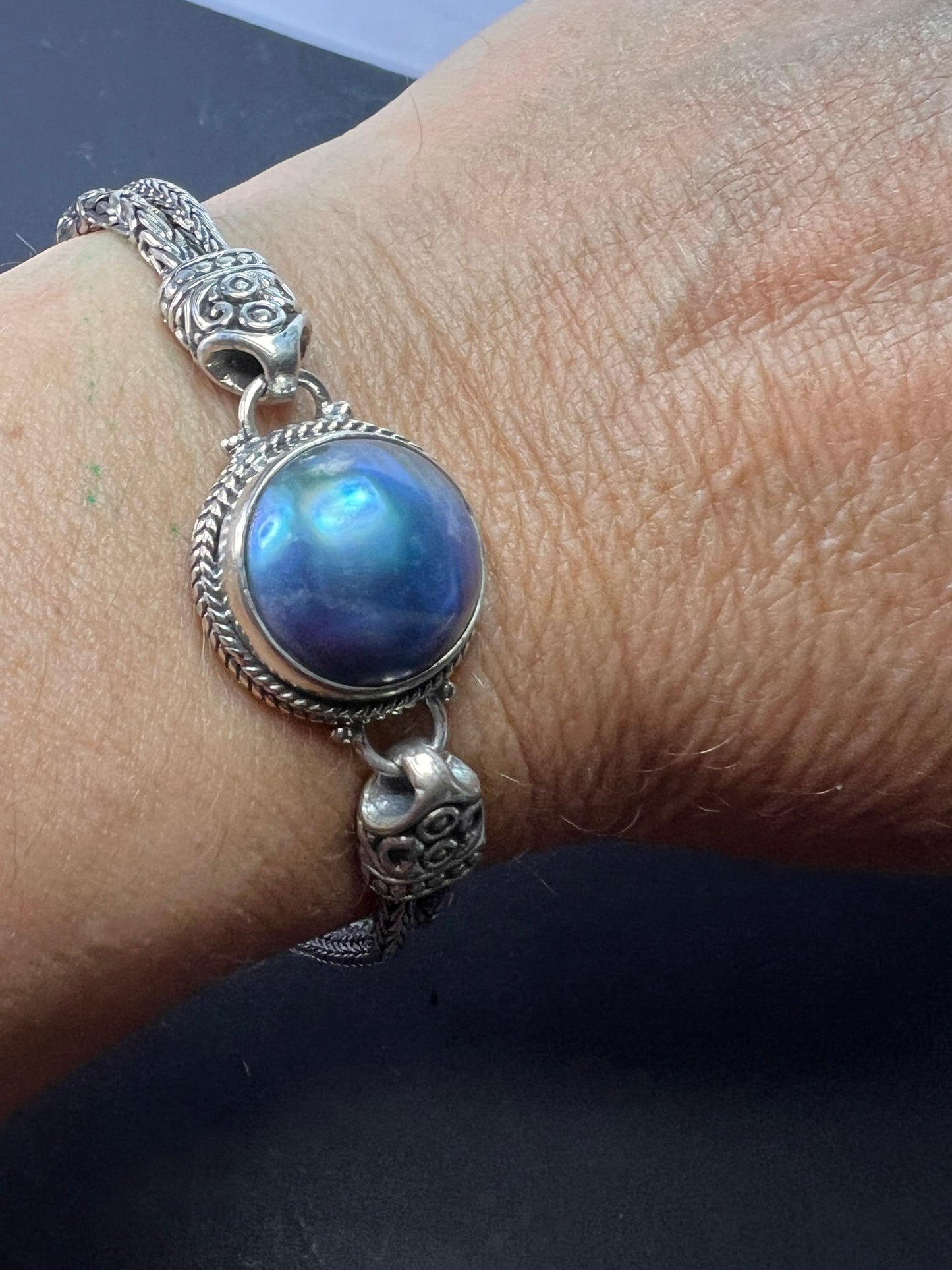 Balinese style Byzantine sterling silver grey blue mabe pearl toggle bracelet