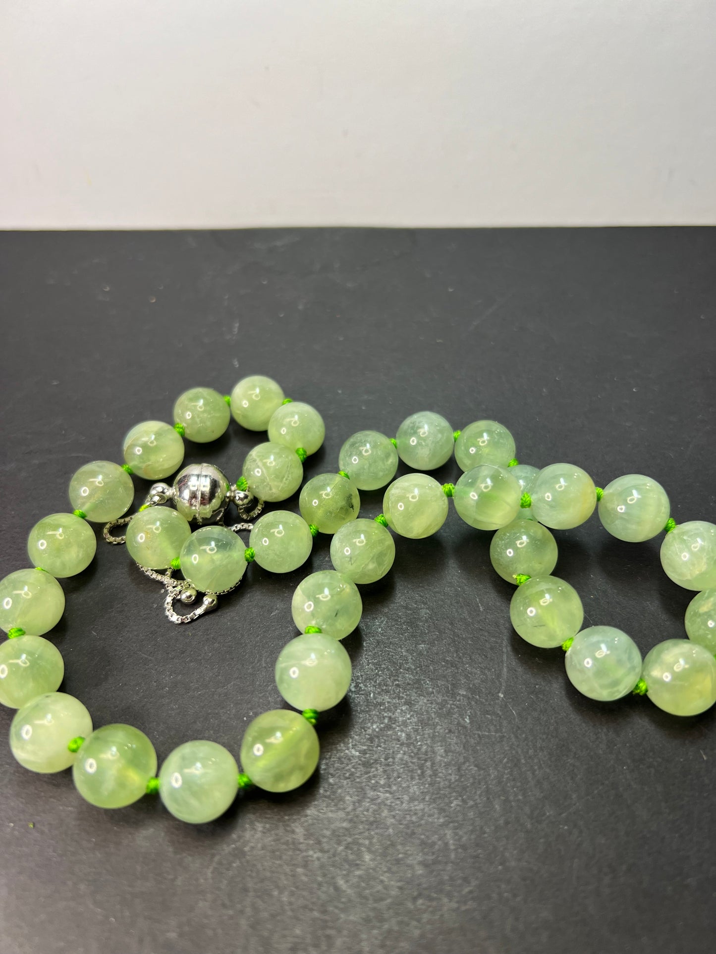 Prehnite knotted sterling silver bolo necklace