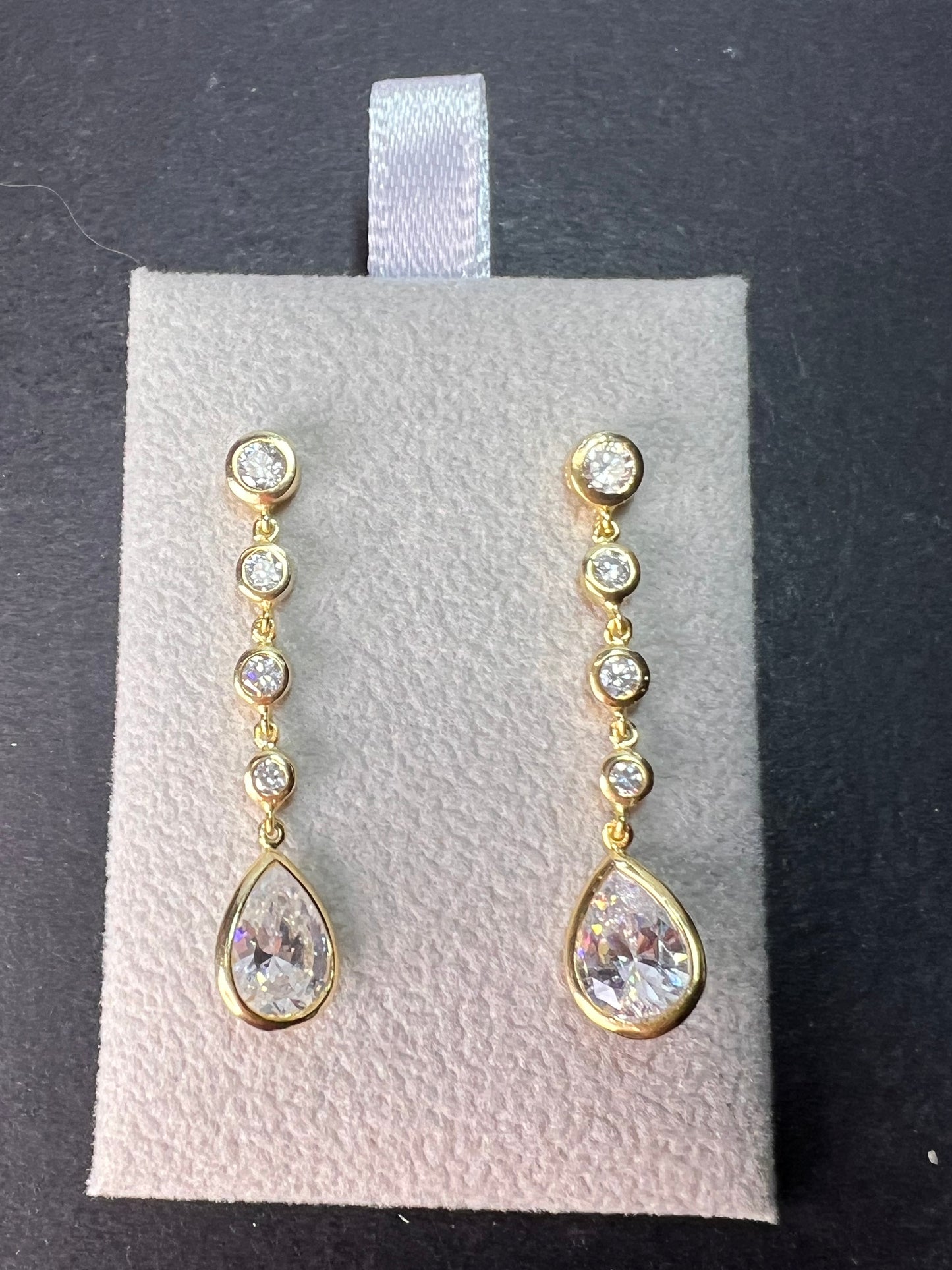 Long teardrop CZ earrings in gold over sterling silver