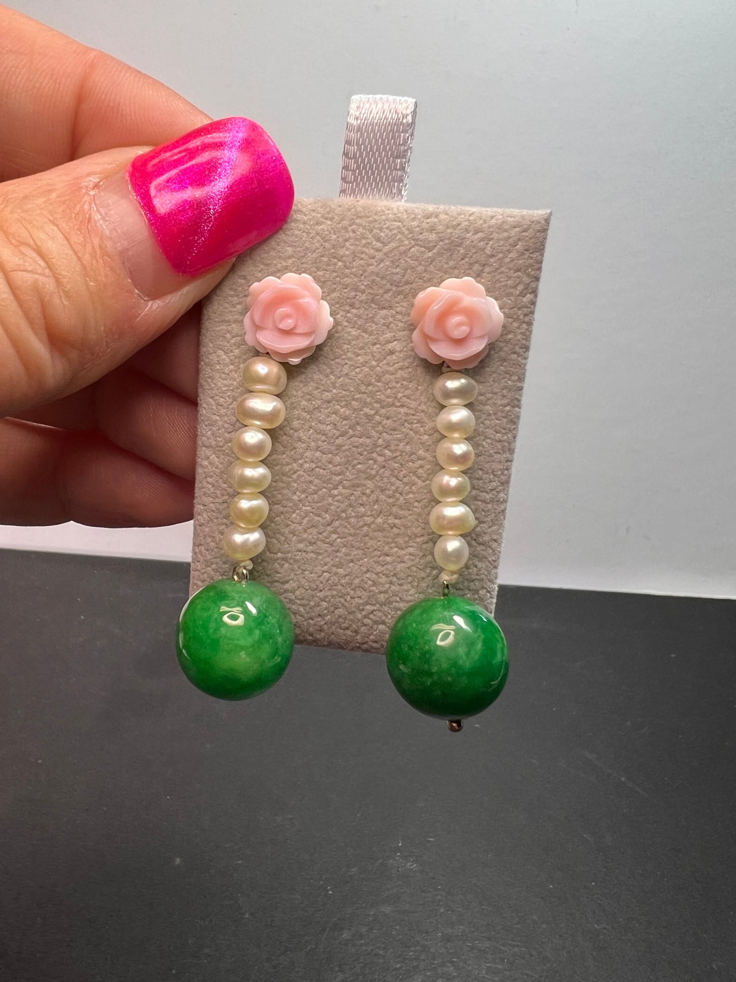 Green Jade , pink flowers and freshwater pearl earrings in rhodium over sterling silver