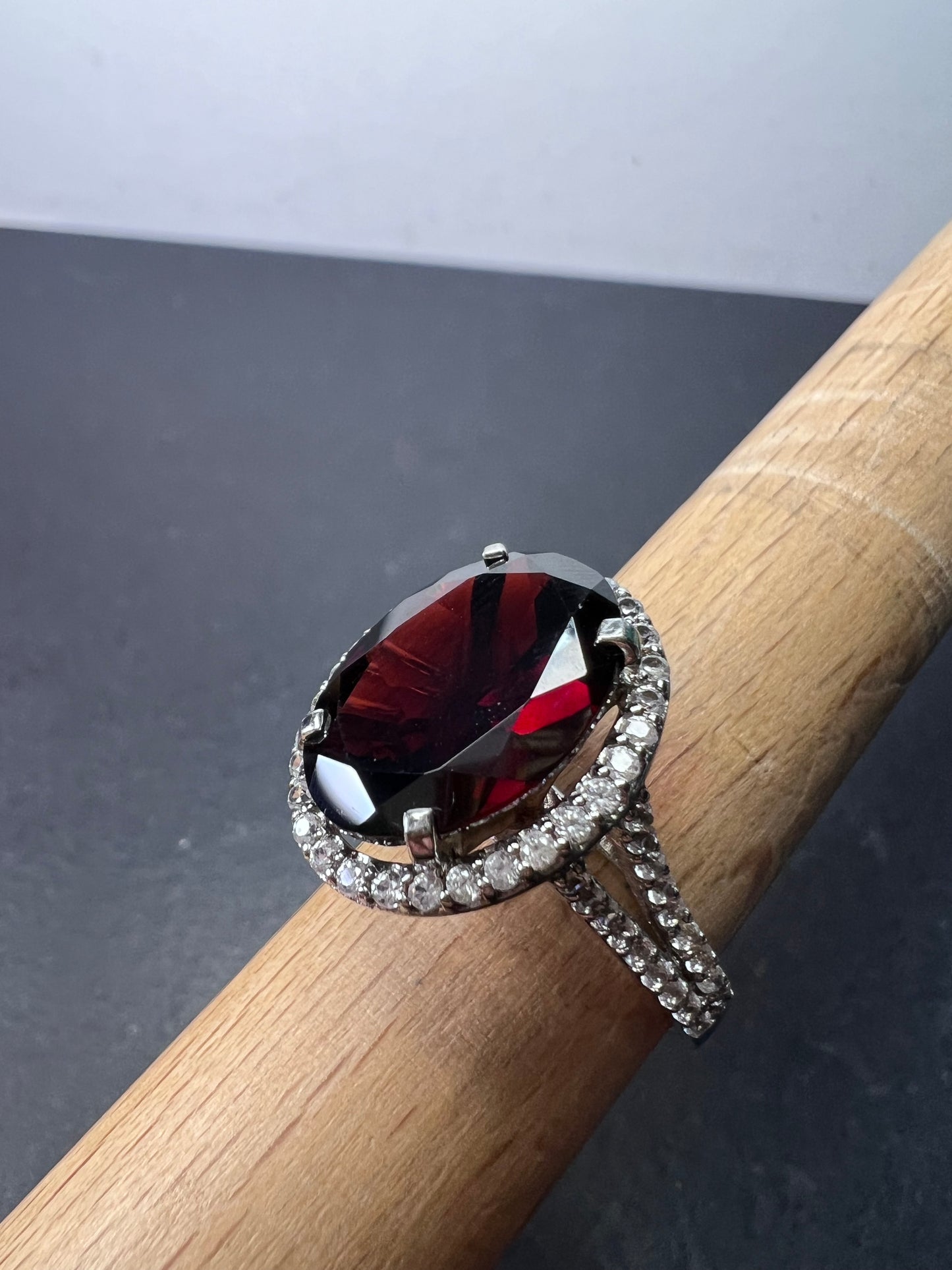 Garnet and zircon sterling silver halo ring size 9