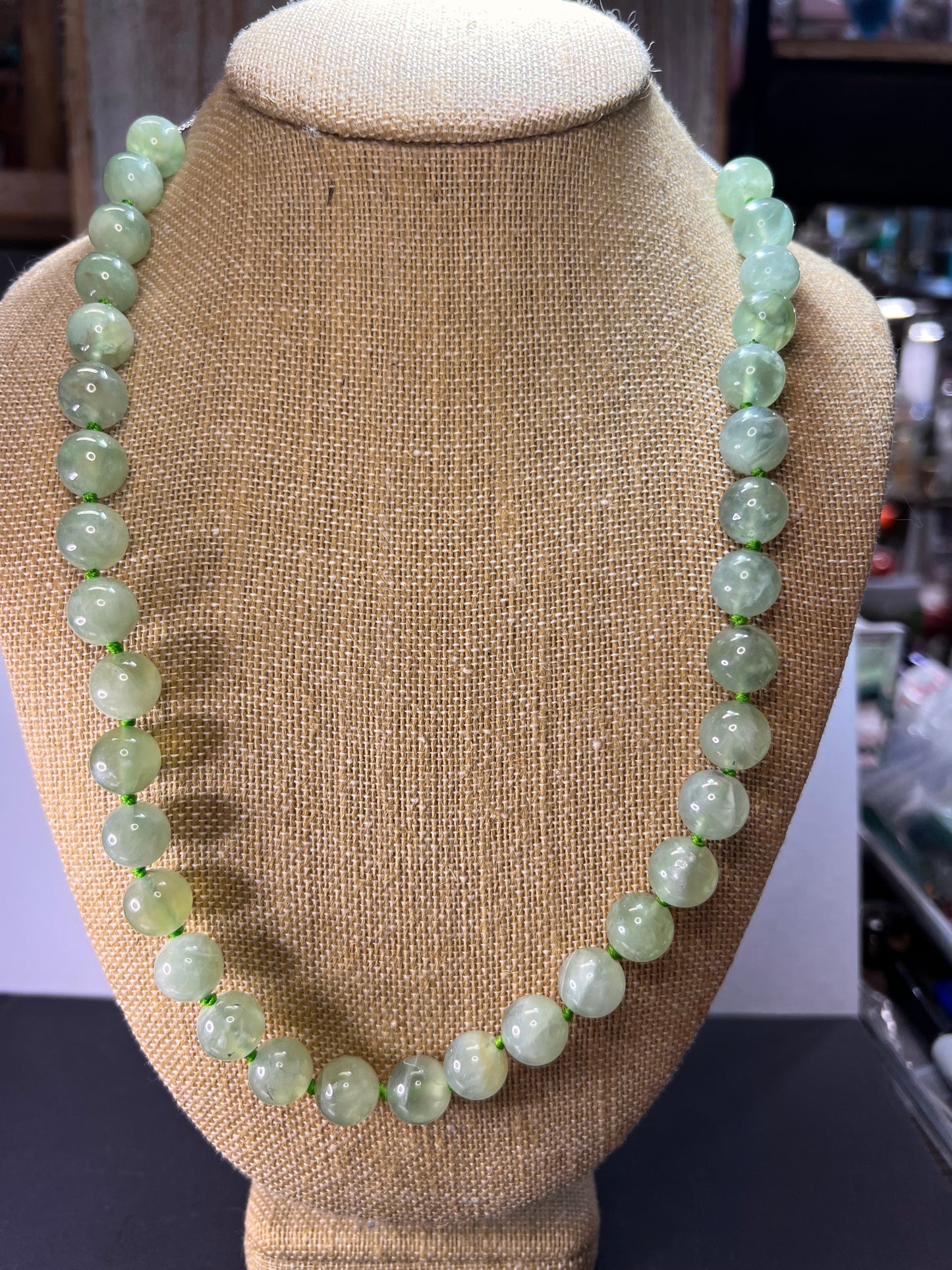 Prehnite knotted sterling silver bolo necklace