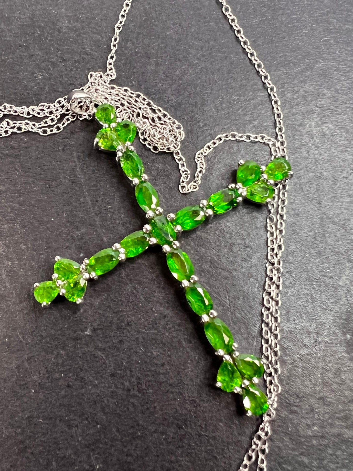 Chrome diopside cross pendant and chain in sterling silver