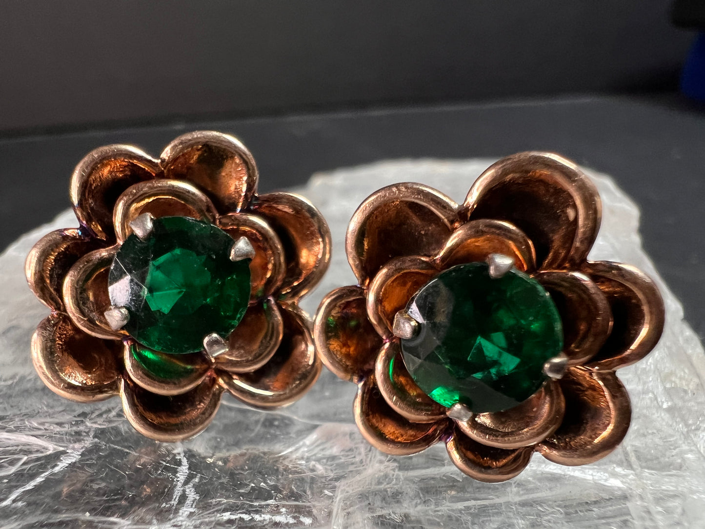 Vintage 1940s Vermeil Flower Screw Back Green Paste Earrings
