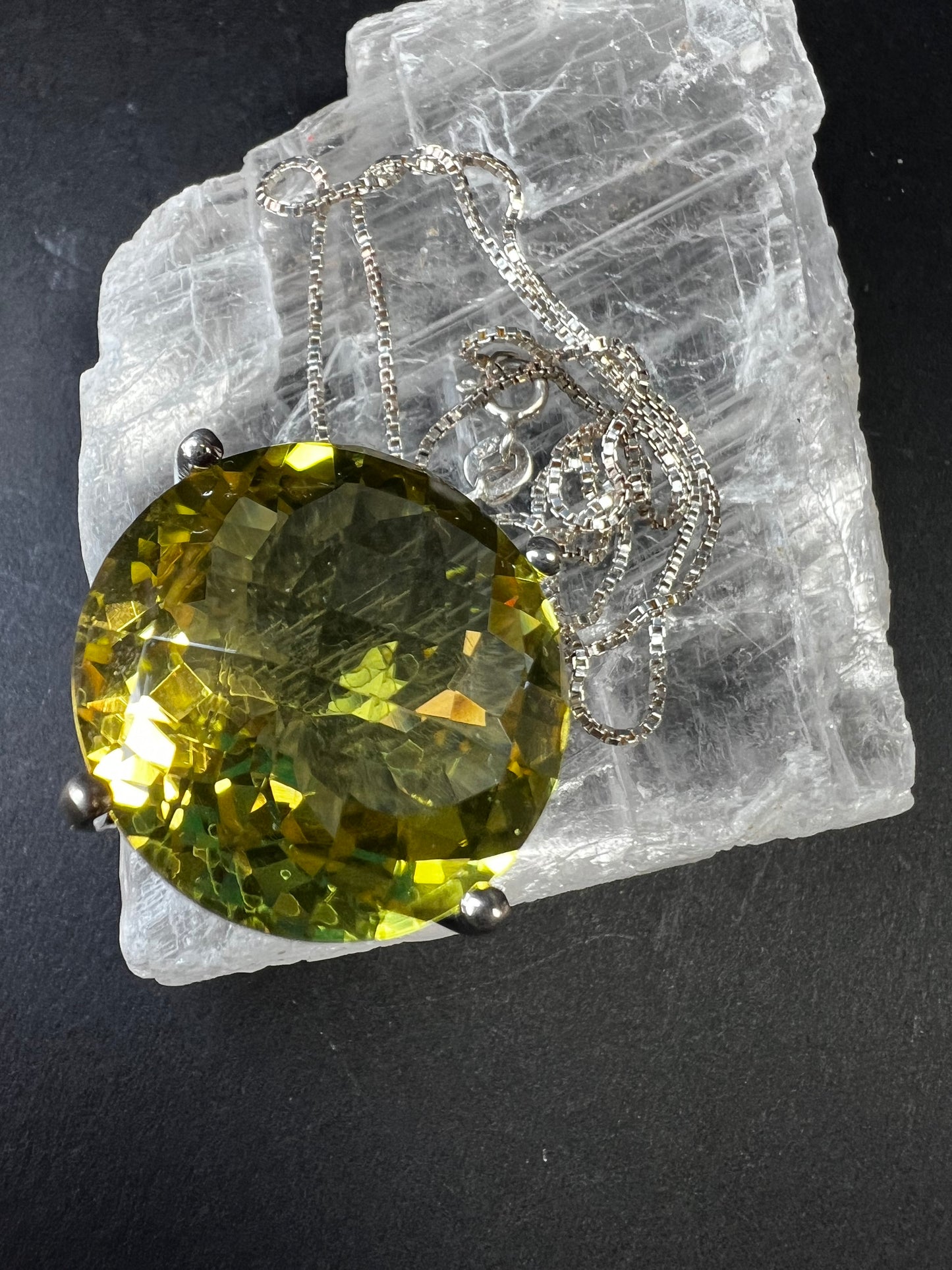 Huge Lemon Quartz Sterling Silver Statement Pendant Necklace 18” Chain