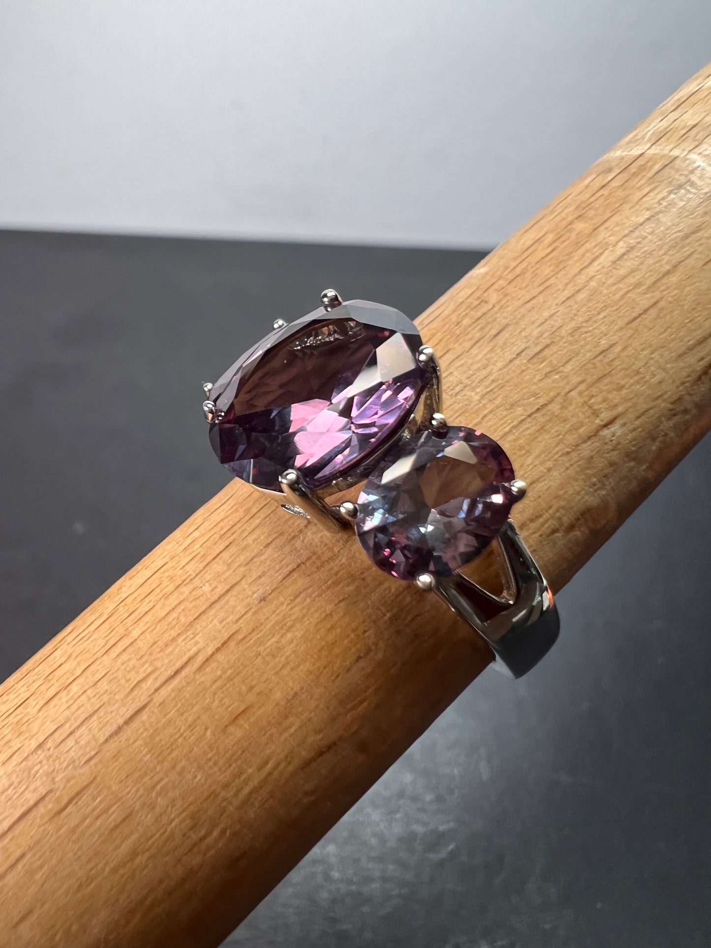 Lab created alexandrite trilogy ring in rhodium over sterling silver size 9