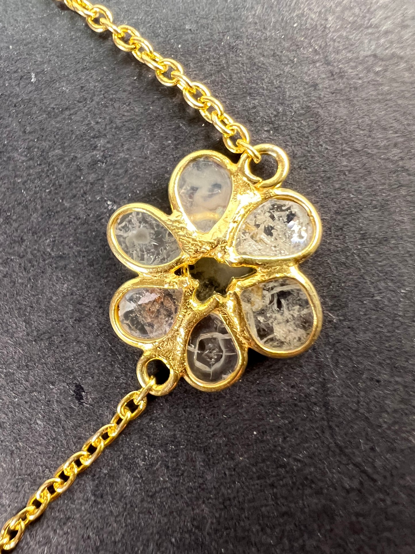 Polki diamond flowers station necklace in vermeil yellow gold over sterling silver