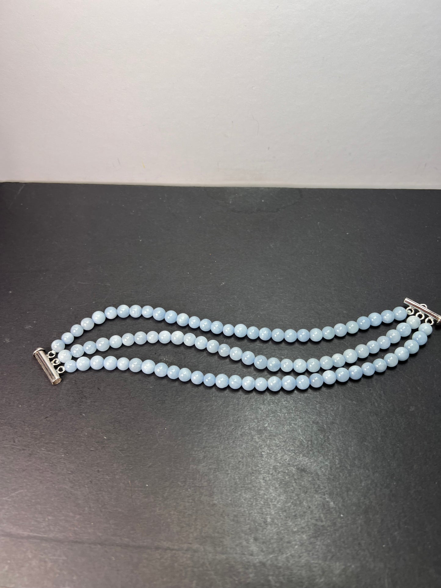 Triple strand beaded aquamarine bracelet with sterling silver slide clasp *NEW*