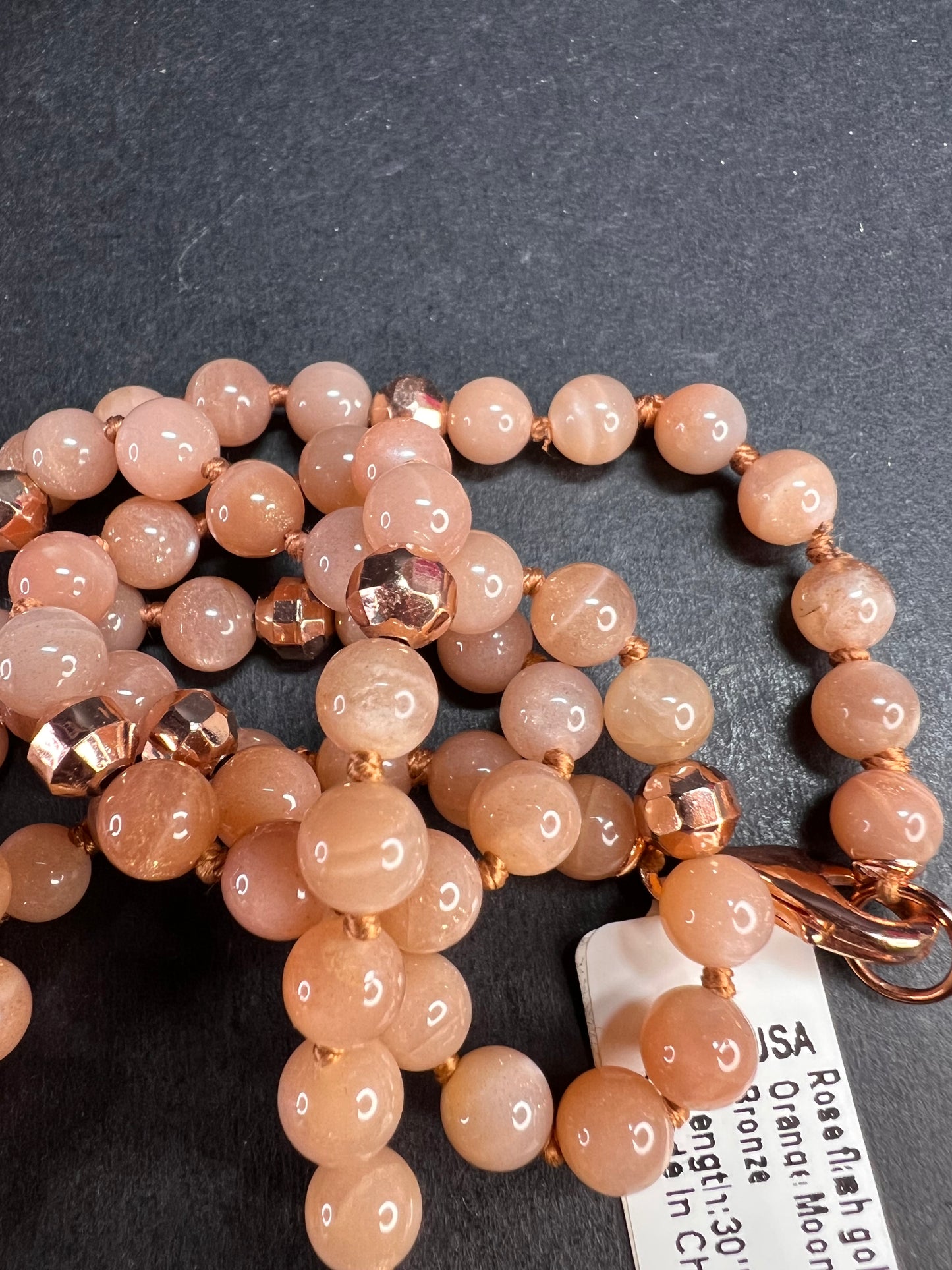 NEW Peach moonstone 30 inch knotted necklace with rose gold over bronze