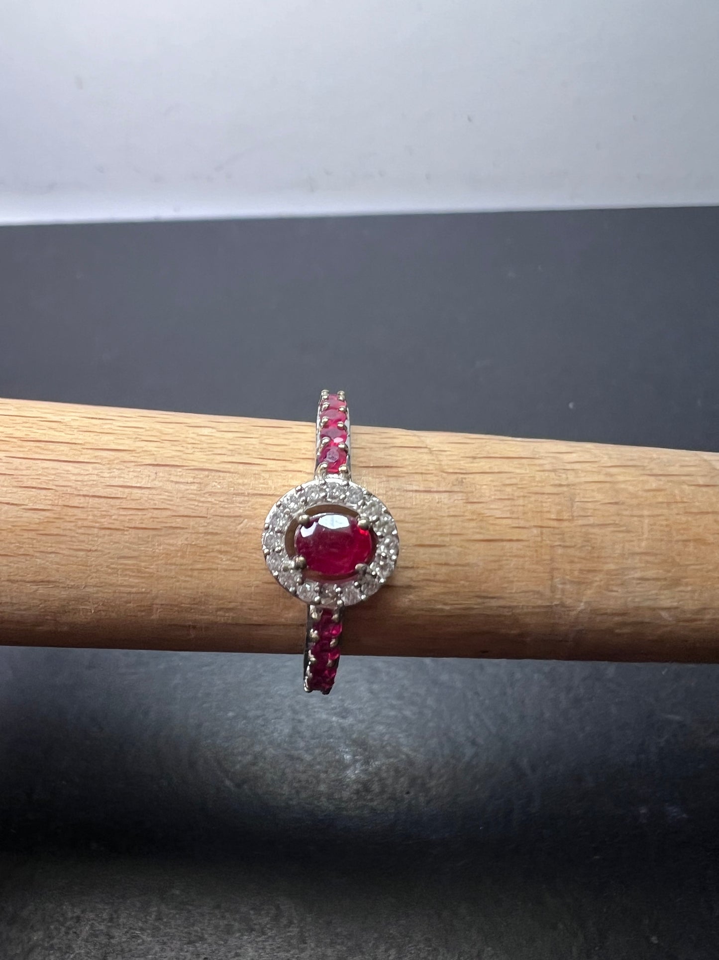 Ruby and zircon sterling silver halo ring size 9