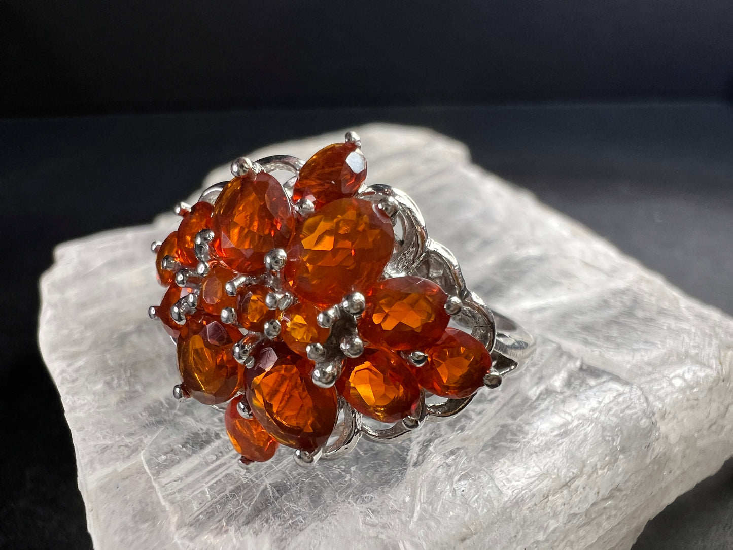 Vintage Sterling Silver Mexican Fire Opal Floral Cluster Ring Sz 9