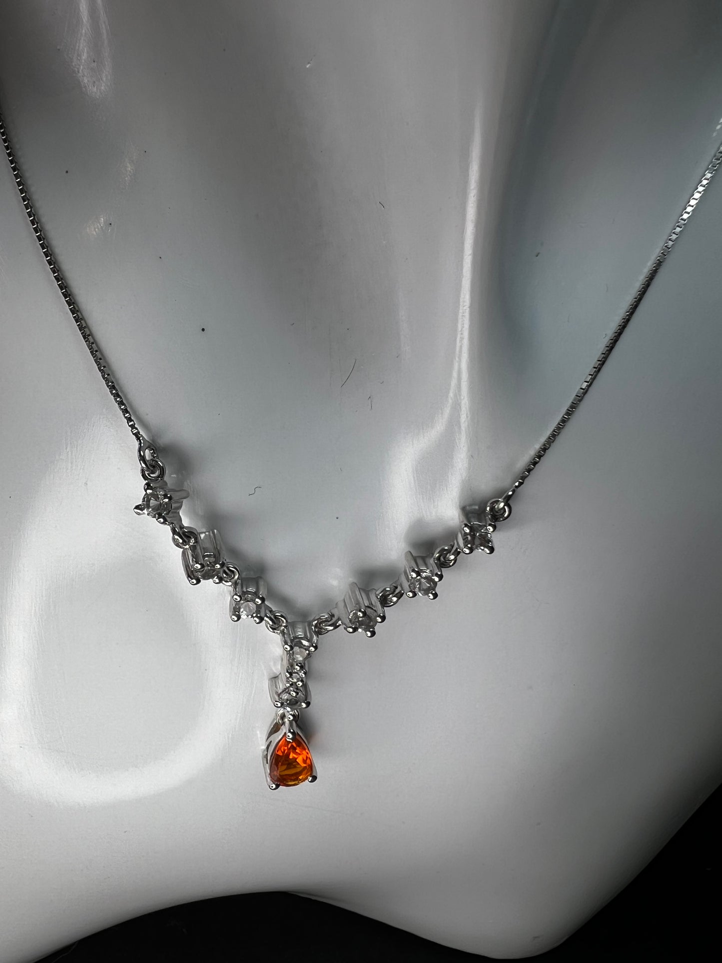Vintage Sterling Silver Mexican Fire Opal & White Topaz Y Necklace