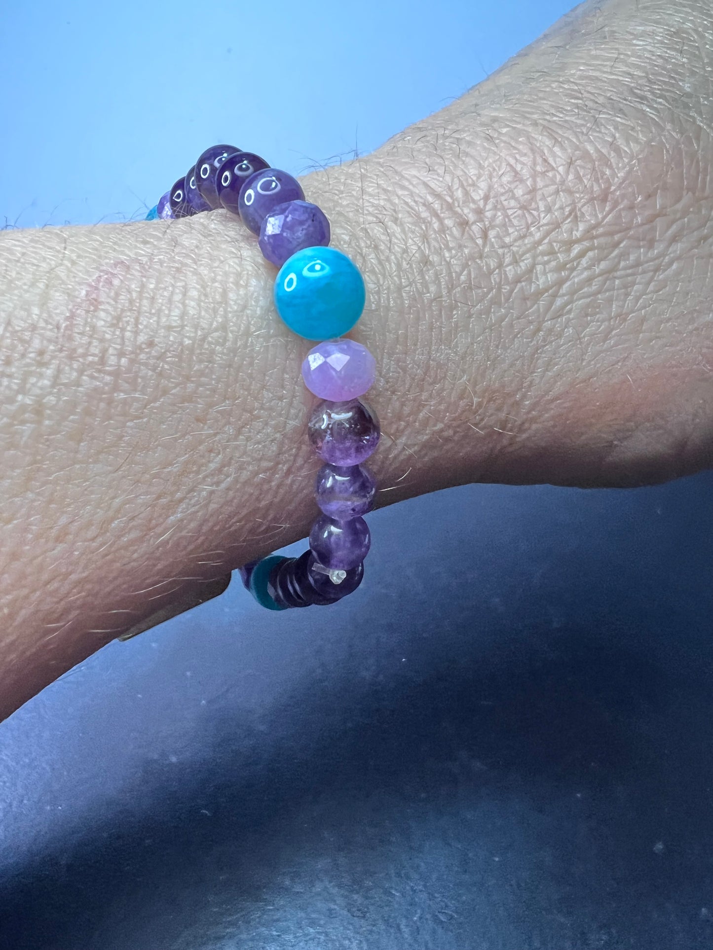 Amethyst, lepidolite, and Peruvian amazonite stretch cord bracelet for 7 inch wrist