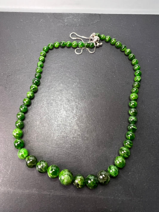 Russian green chrome diopside graduated beaded bolo sterling silver necklace