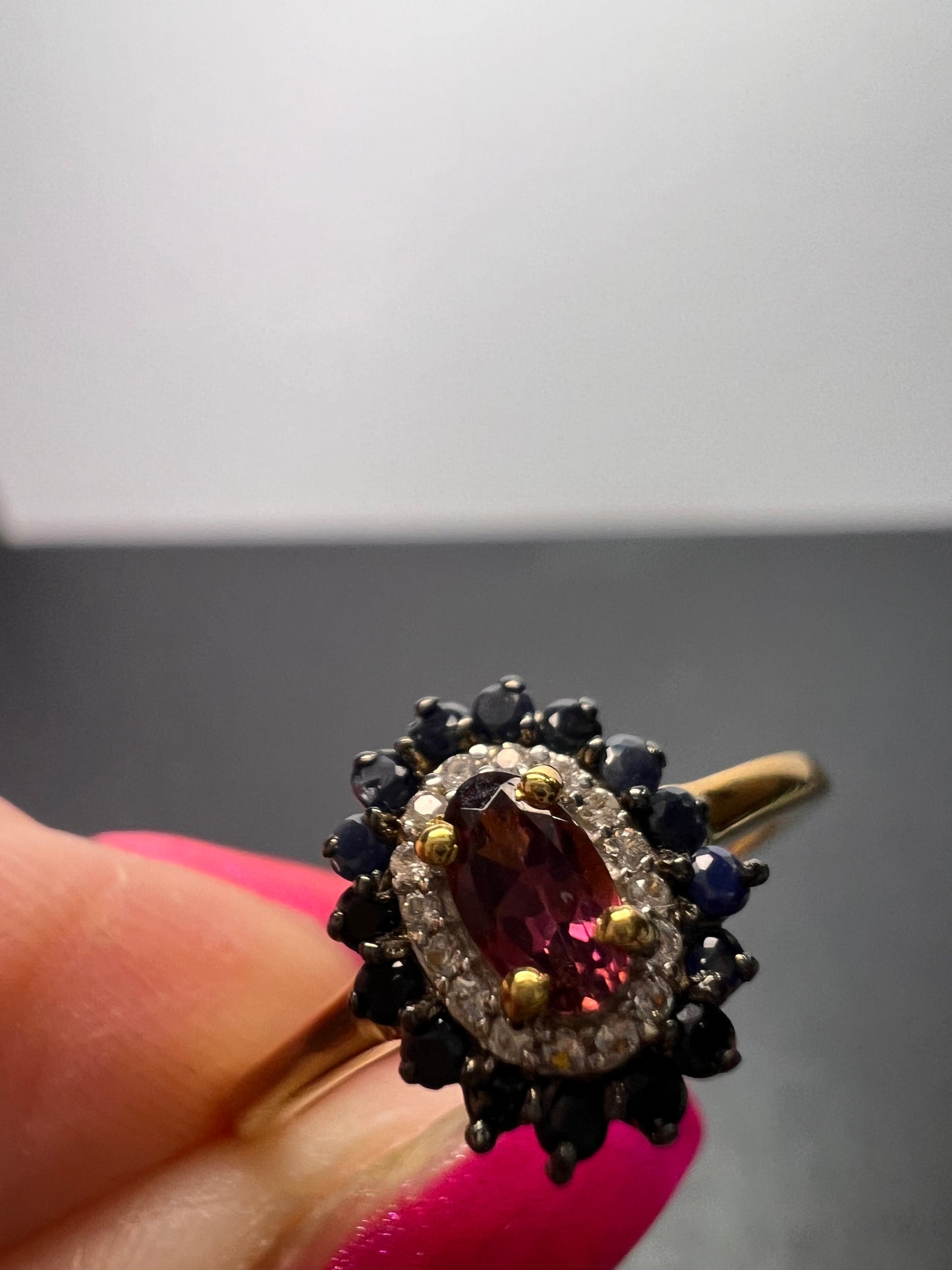 Ofiki rubellite and blue sapphire double halo ring in vermeil yellow gold over sterling silver size 8