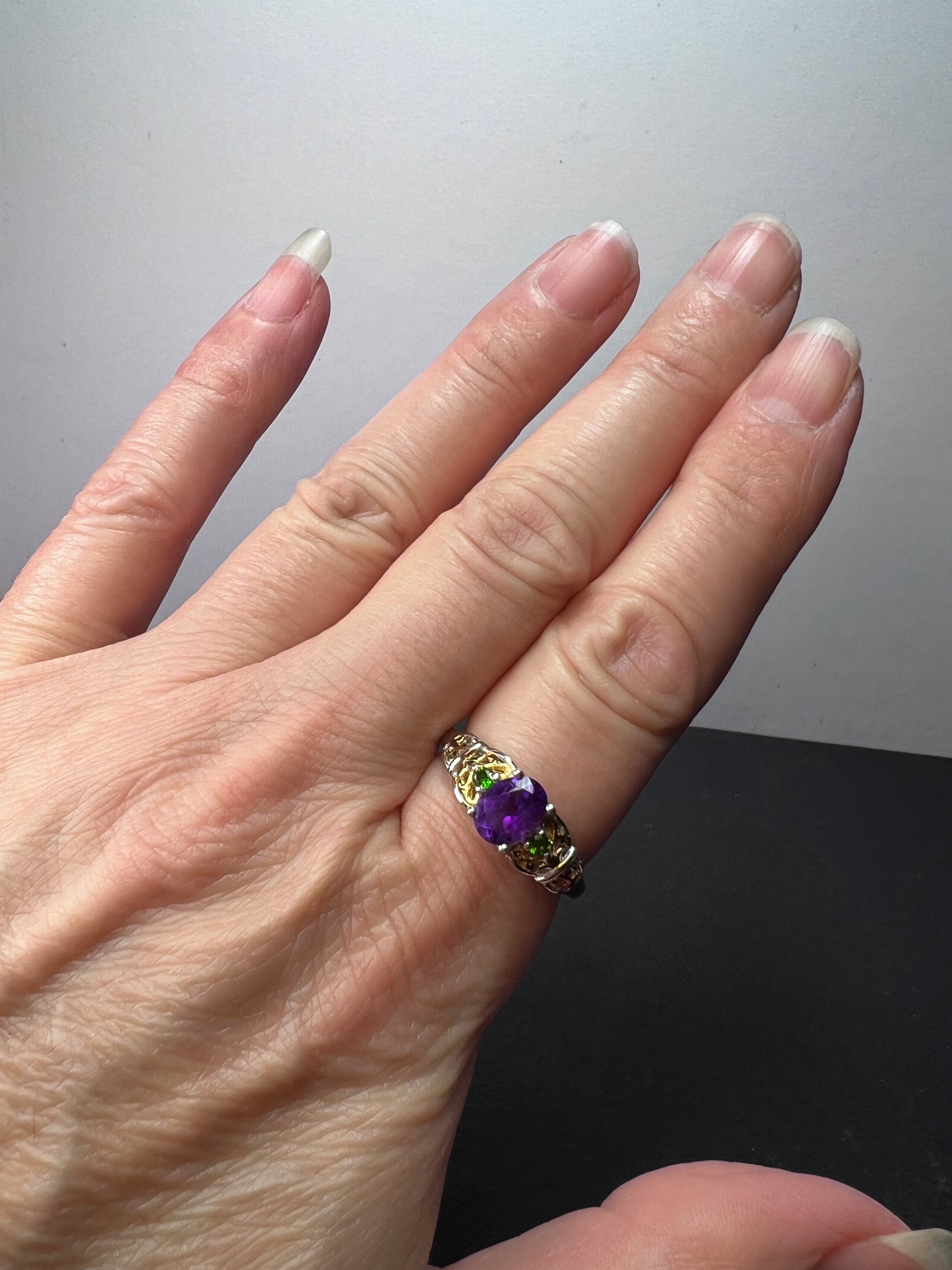 Amethyst and chrome diopside two toned sterling silver ring size 9