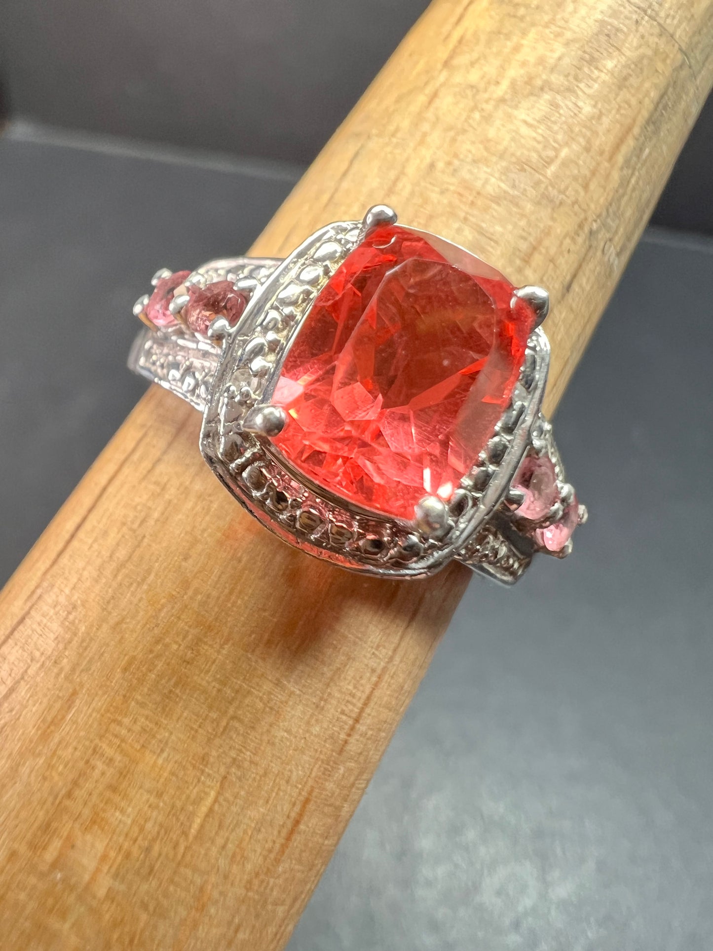 Sterling Silver Peach Red Quartz Doublet & Pink Tourmaline Ring 8.75
