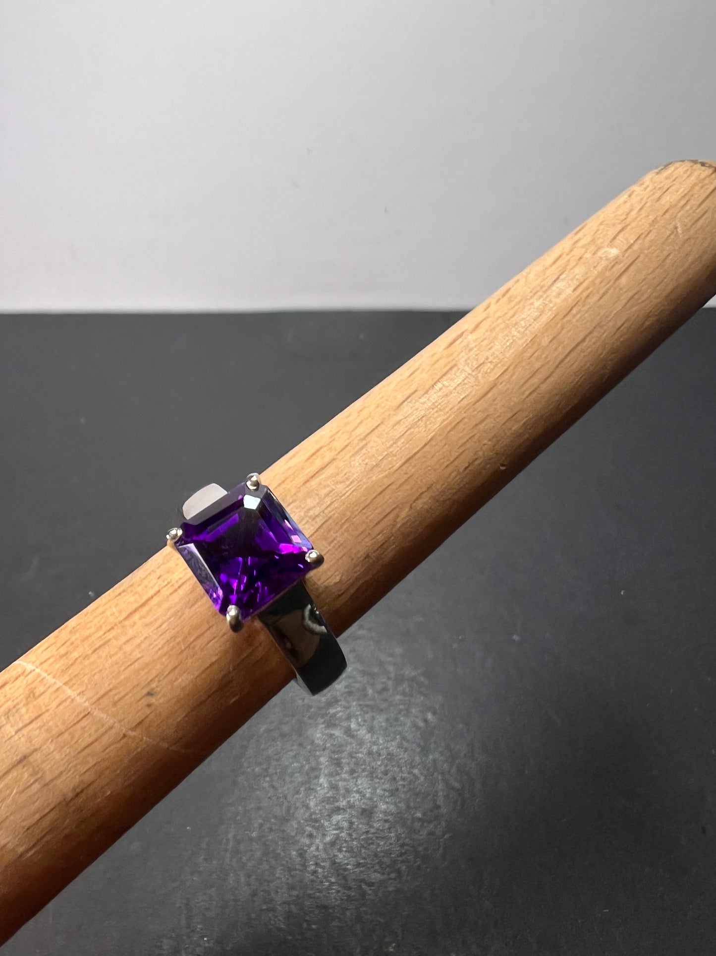 Asscher cut Moroccan amethyst solitaire ring in platinum over sterling silver size 5 *NEW*