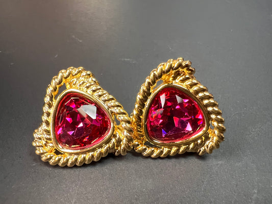 Vintage Swarovski Magenta Crystal Gold Tone Rope Post Earrings