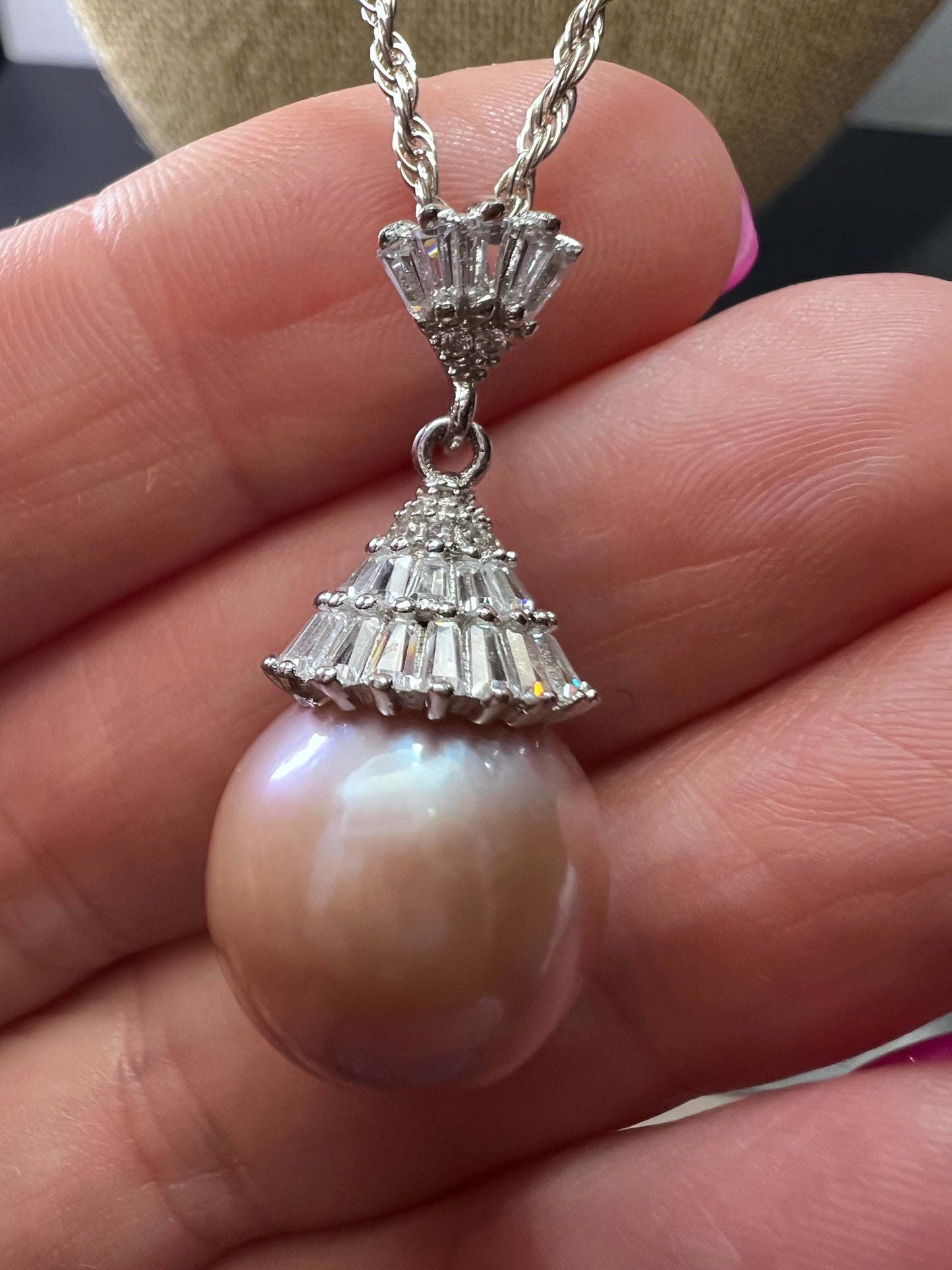 Pink cultured pearl and CZ sterling silver pendant with 24 inch slider chain