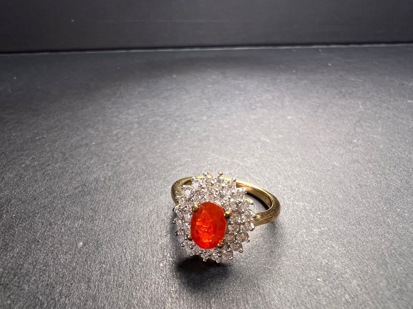 NEW Mexican Cherry fire opal and moissanite double halo ring in vermeil yellow gold over sterling silver size 5