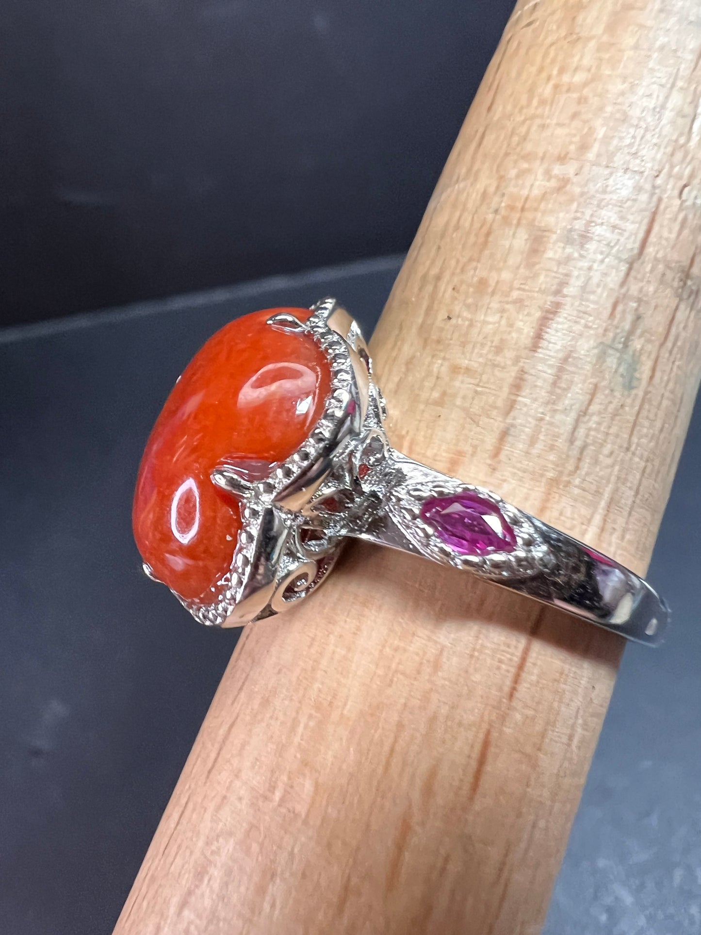 NEW cherry red jade and ruby blossom ring in rhodium over sterling silver size 9