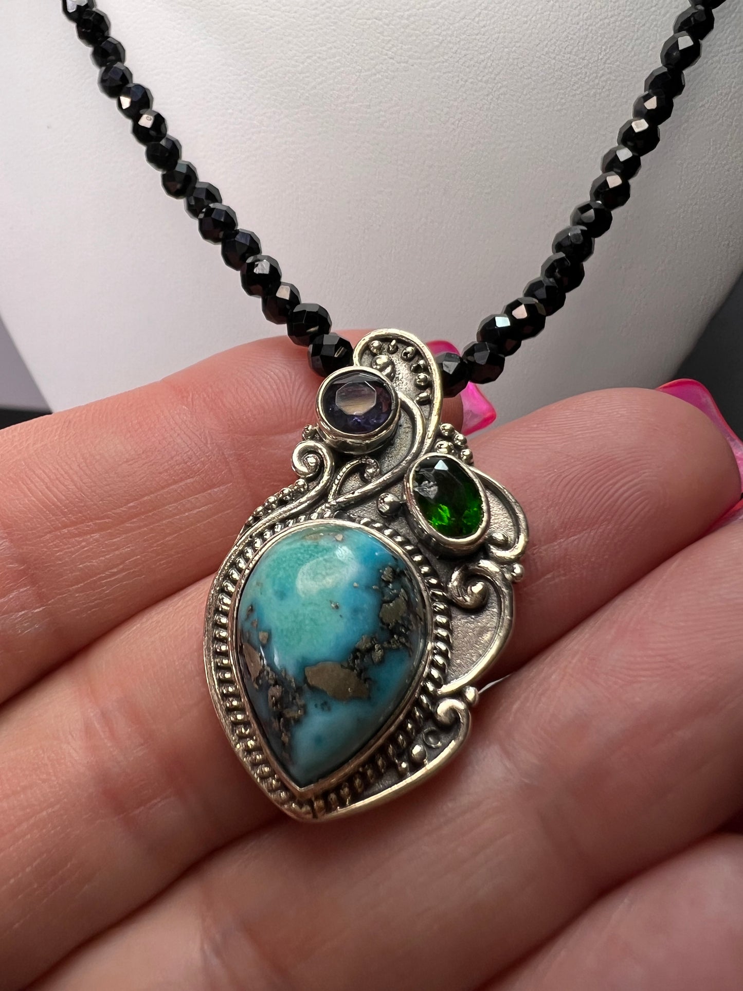 Black spinel and turquoise multi gem sterling silver pendant necklace