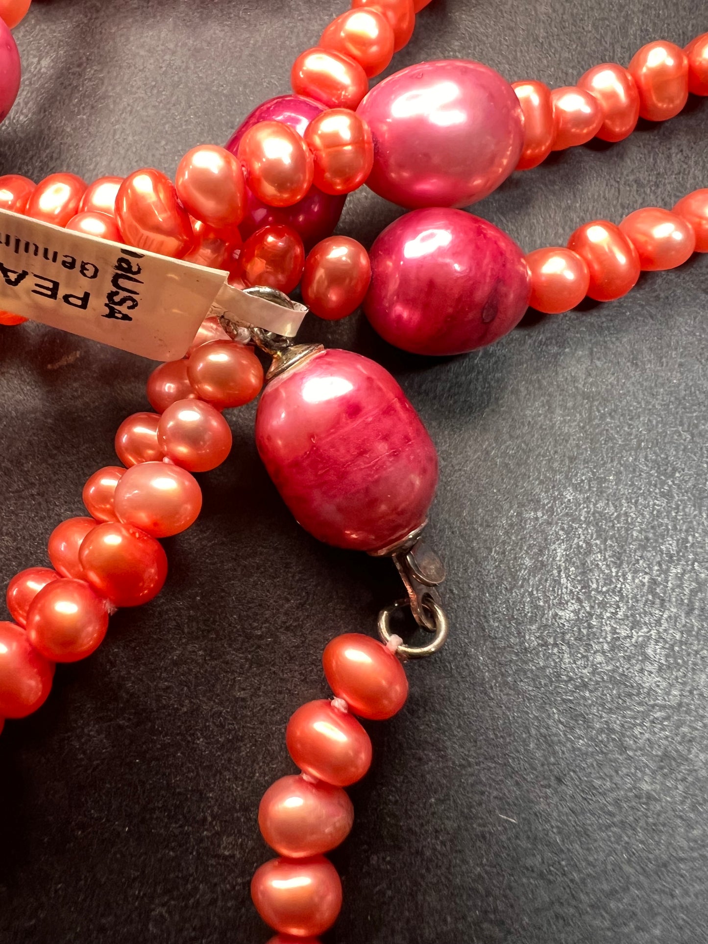NEW coral and magenta colored freshwater pearl 36 inch station necklace with sterling silver clasp