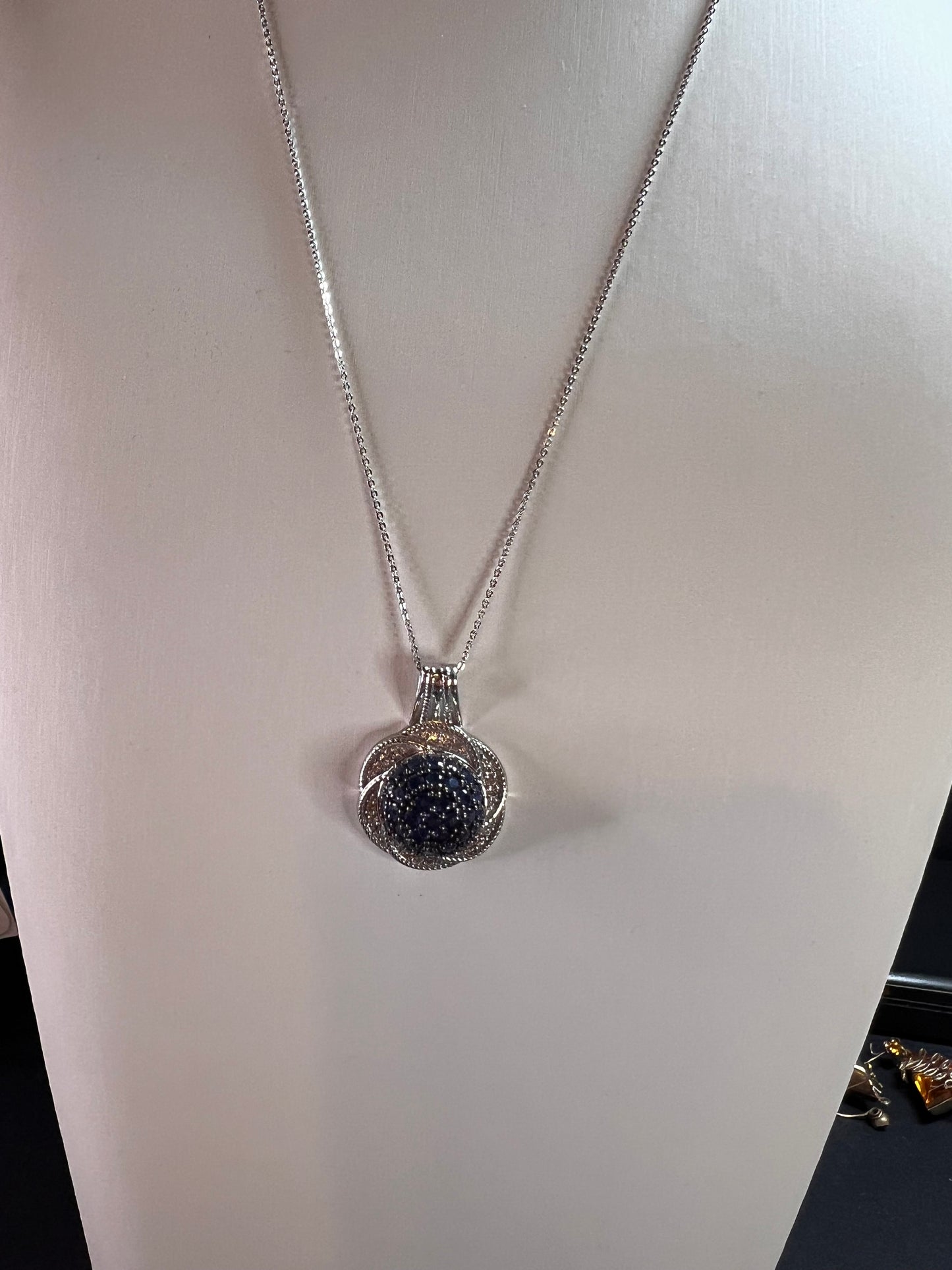 NEW blue sapphire and zircon galaxy halo pendant and chain in rhodium over sterling silver