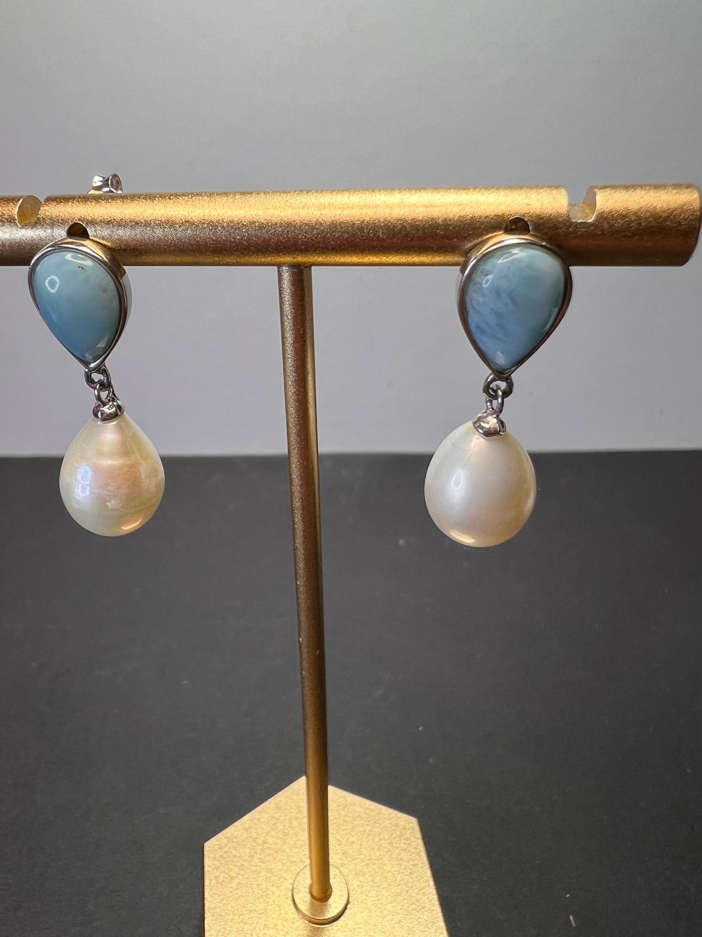 Larimar and pearl sterling silver teardrop earrings