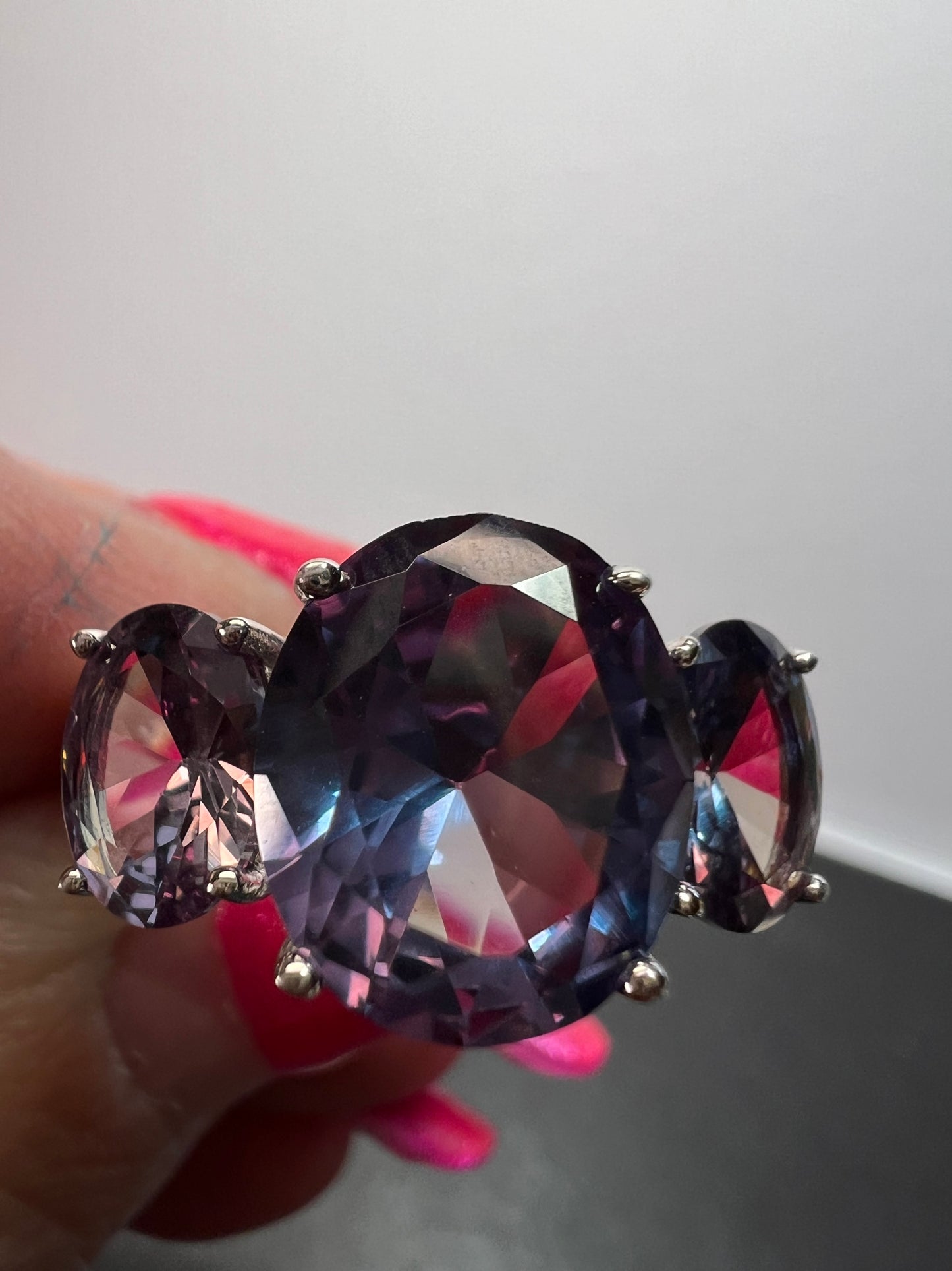 Lab created alexandrite trilogy ring in rhodium over sterling silver size 9