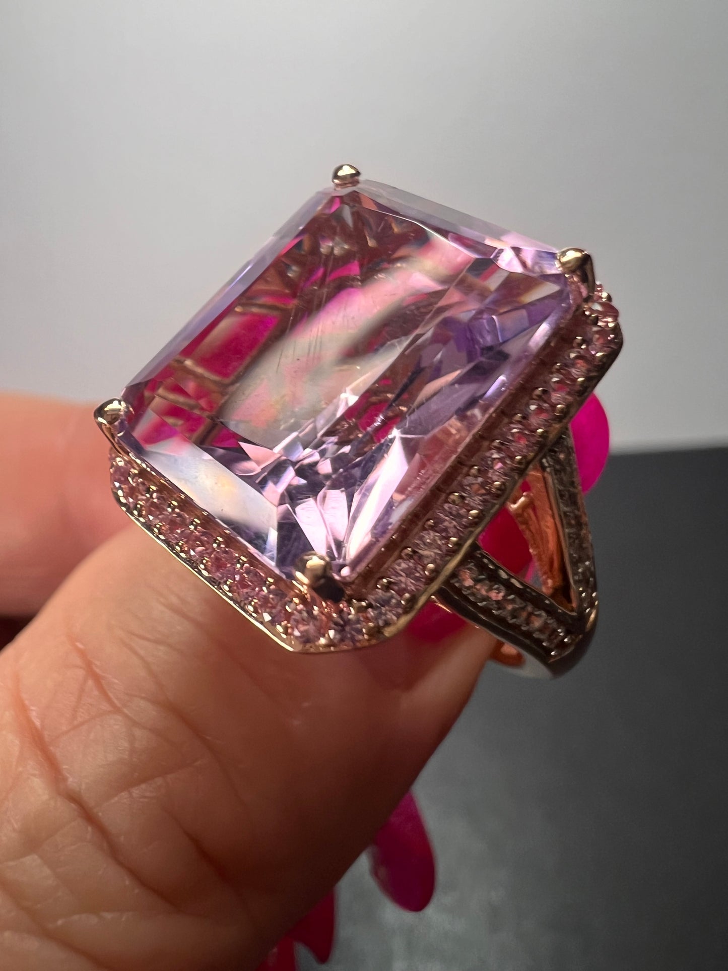 Radiant cut rose de France amethyst and pink sapphire halo ring in rose gold vermeil over sterling silver size 8 *NEW*