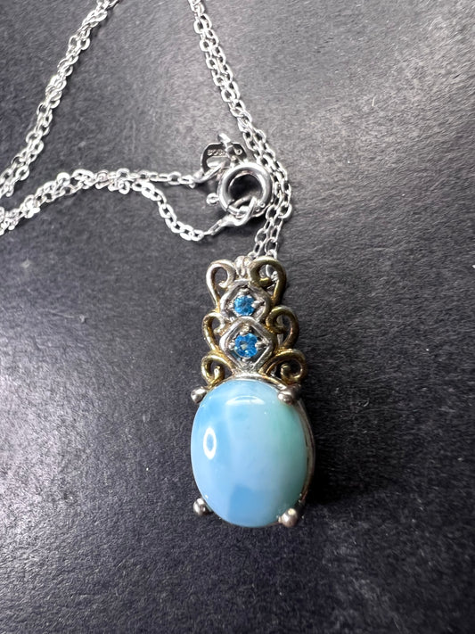 Larimar and neon blue apatite sterling silver pendant and 20 inch chain necklace