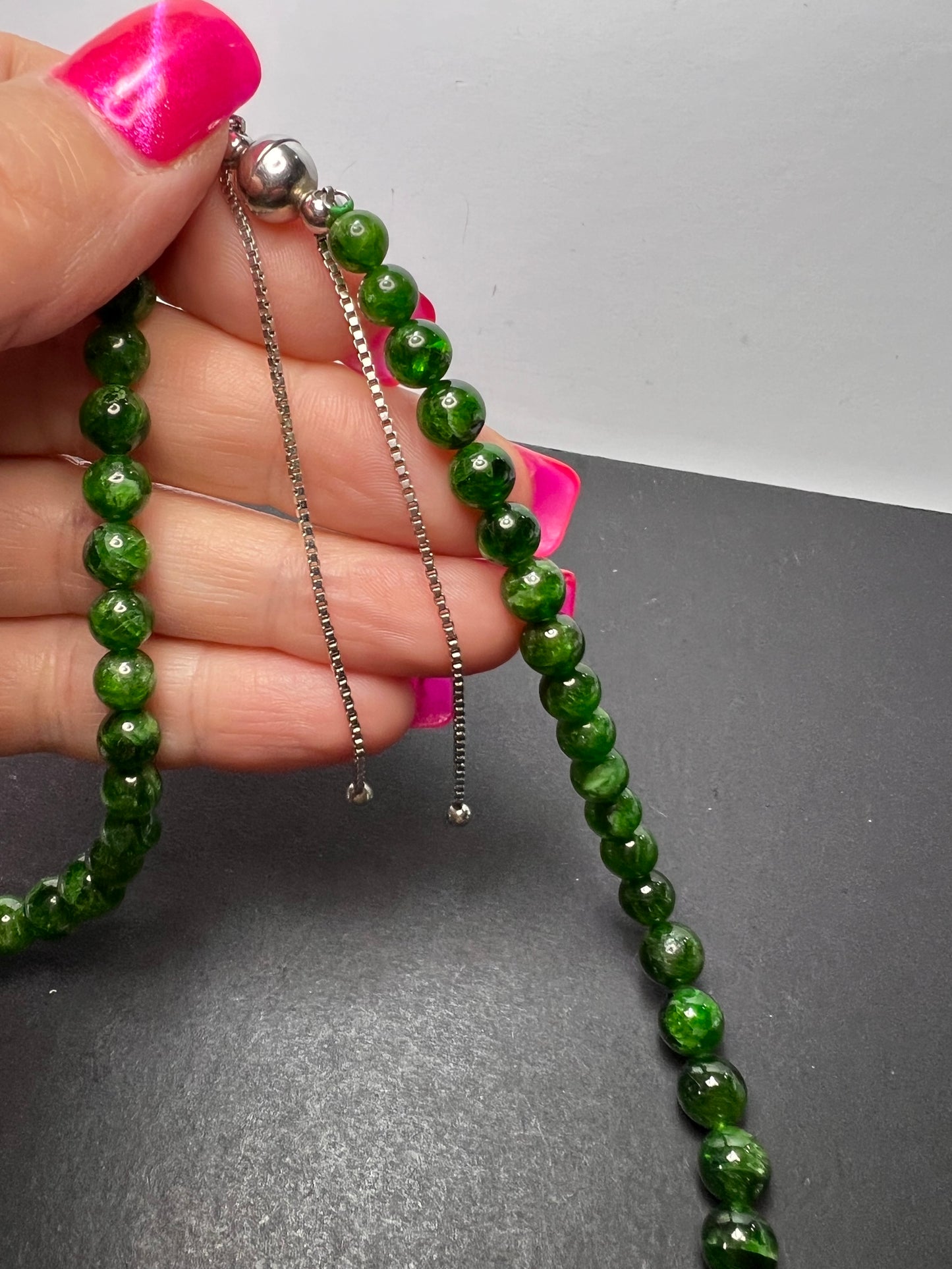 Russian green chrome diopside graduated beaded bolo sterling silver necklace