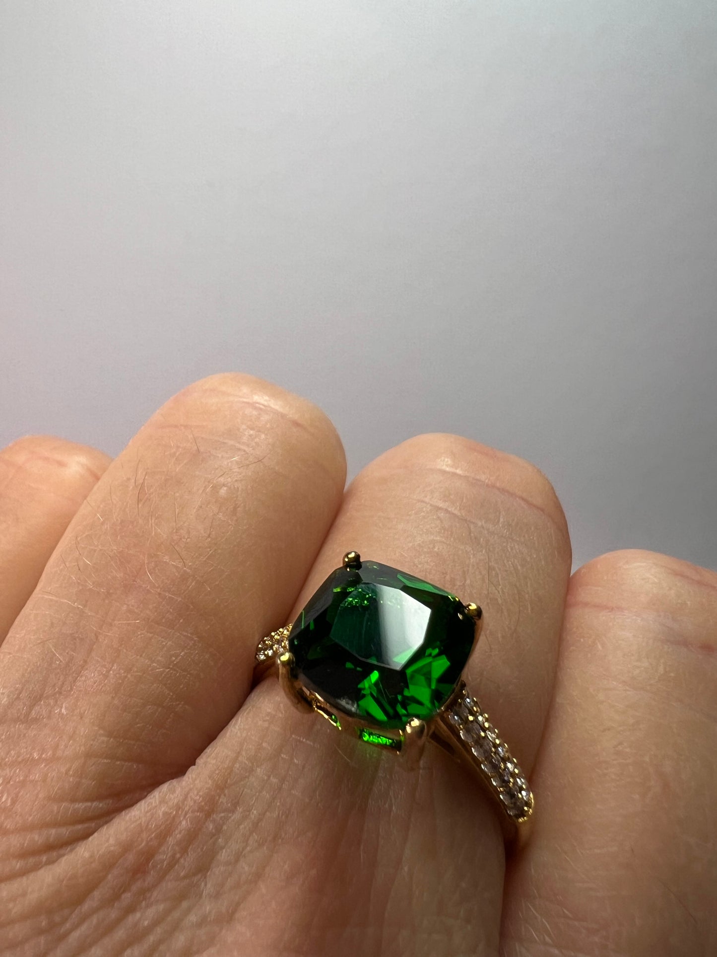 Green cushion cut CZ ring in gold over sterling silver size 9