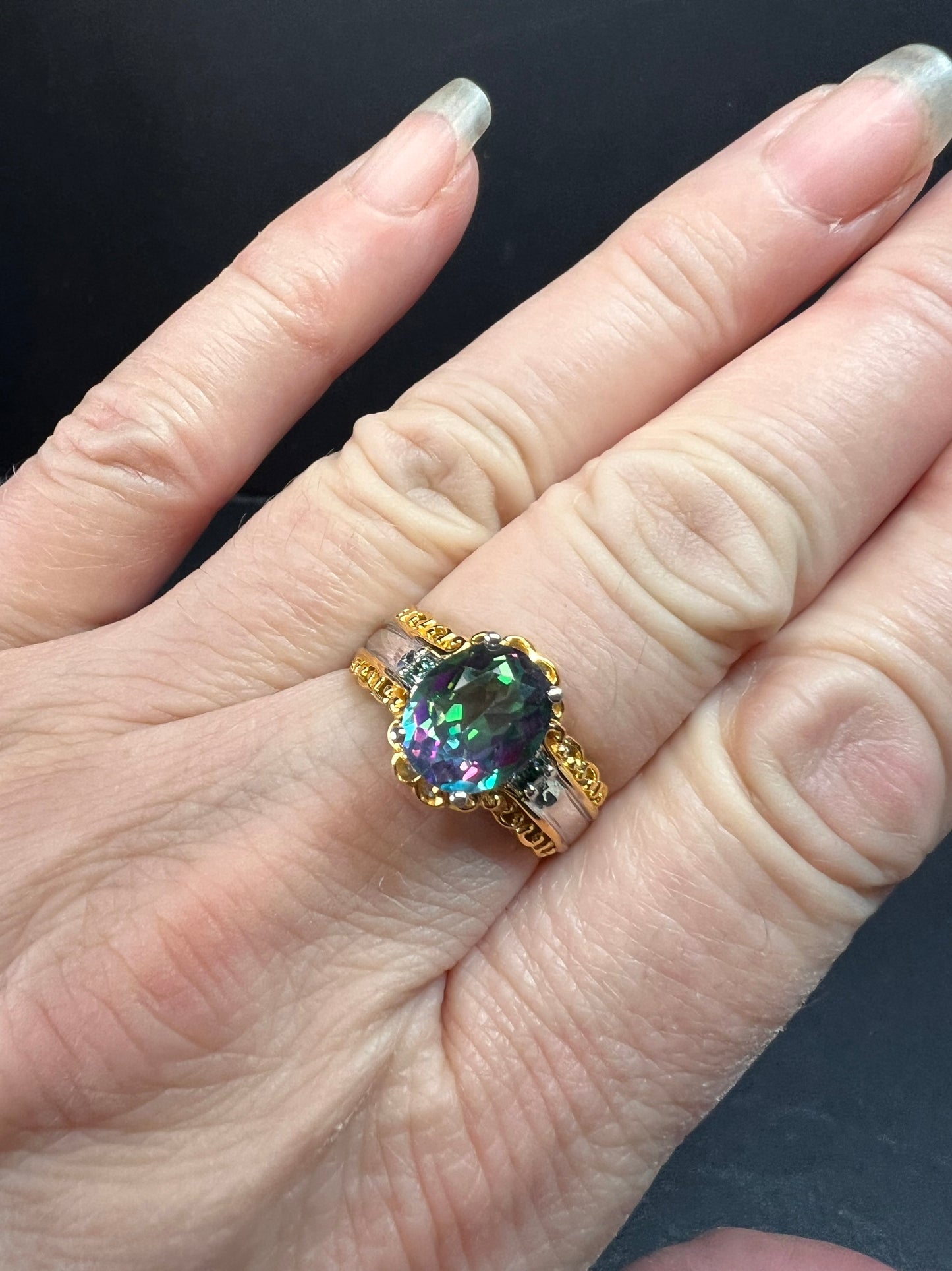 NEW green mystic topaz two toned sterling silver ring size 8