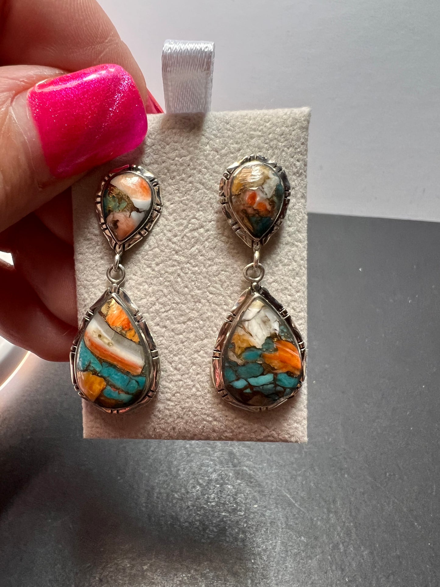 Southwest style blended turquoise and spiny oyster sterling silver teardrop earrings *NEW*