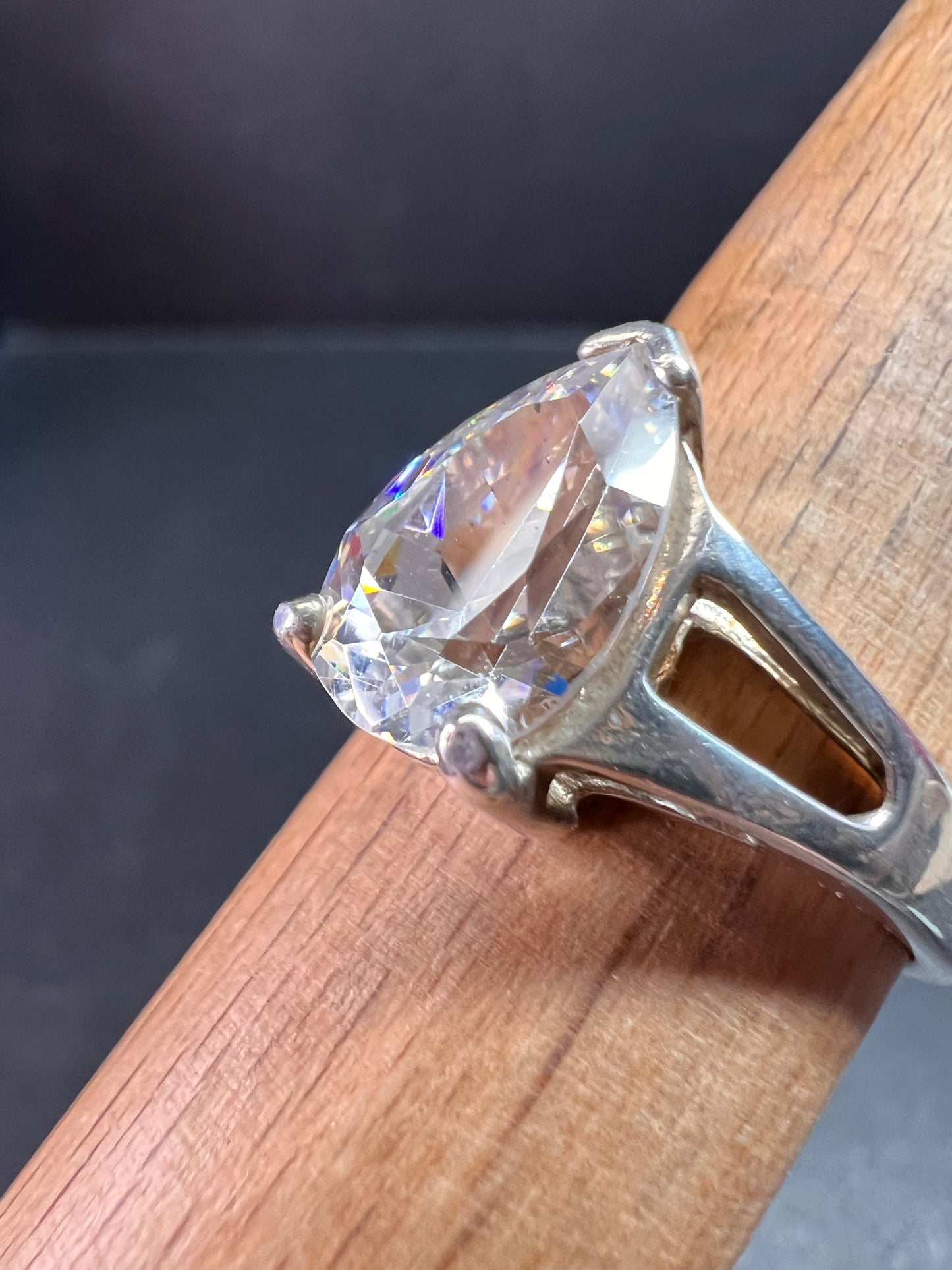 Vintage CZ Pear Solitaire in Sterling Silver, Open Gallery Split Shank, Size 9