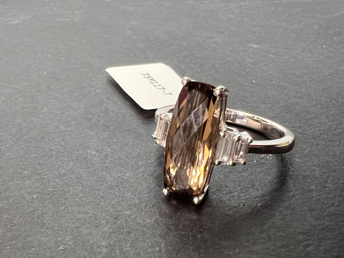 Brown Smoky Quartz With White Zircon Rhodium Over Sterling Silver Ring 3.33ctw size 7 *NEW*