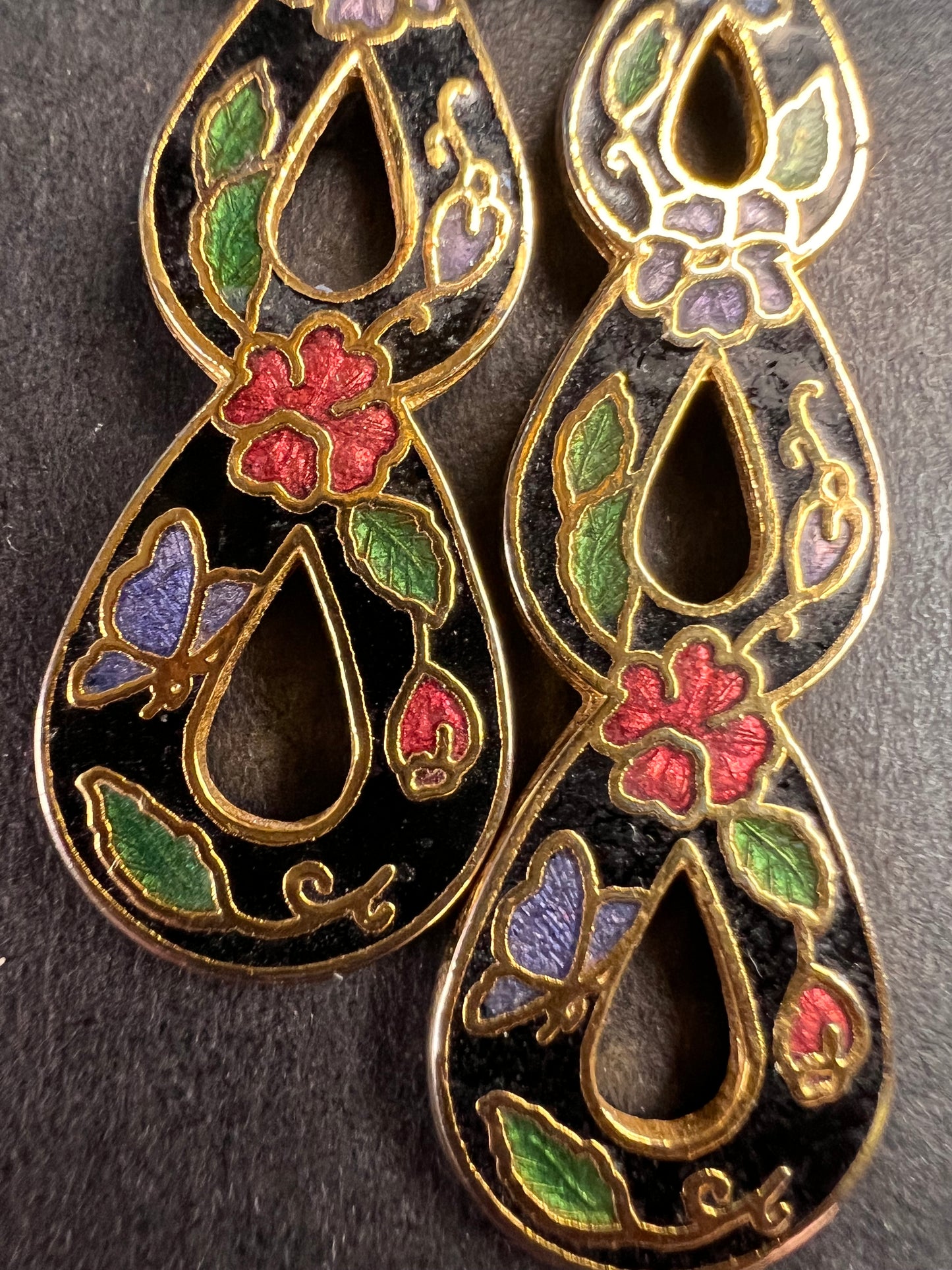 Vintage cloisonné butterfly garden dangling earrings